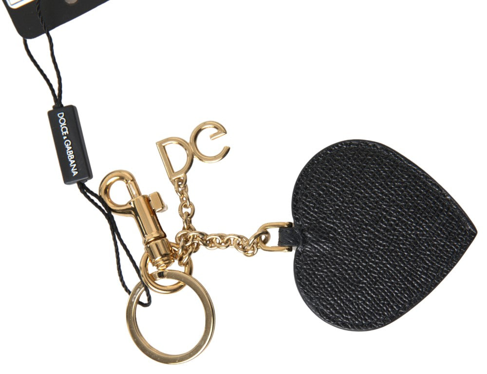 Dolce & Gabbana Portachiavi in Pelle Nera Fucsia a Cuore con Dettagli in Metallo Dorato