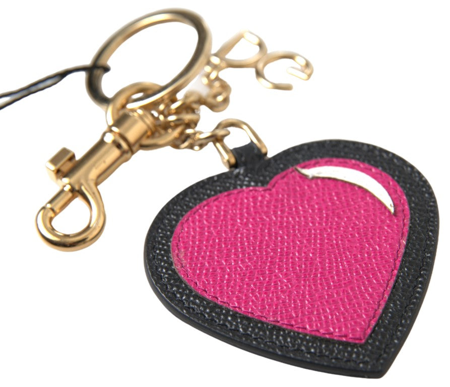 Dolce & Gabbana Portachiavi in Pelle Nera Fucsia a Cuore con Dettagli in Metallo Dorato