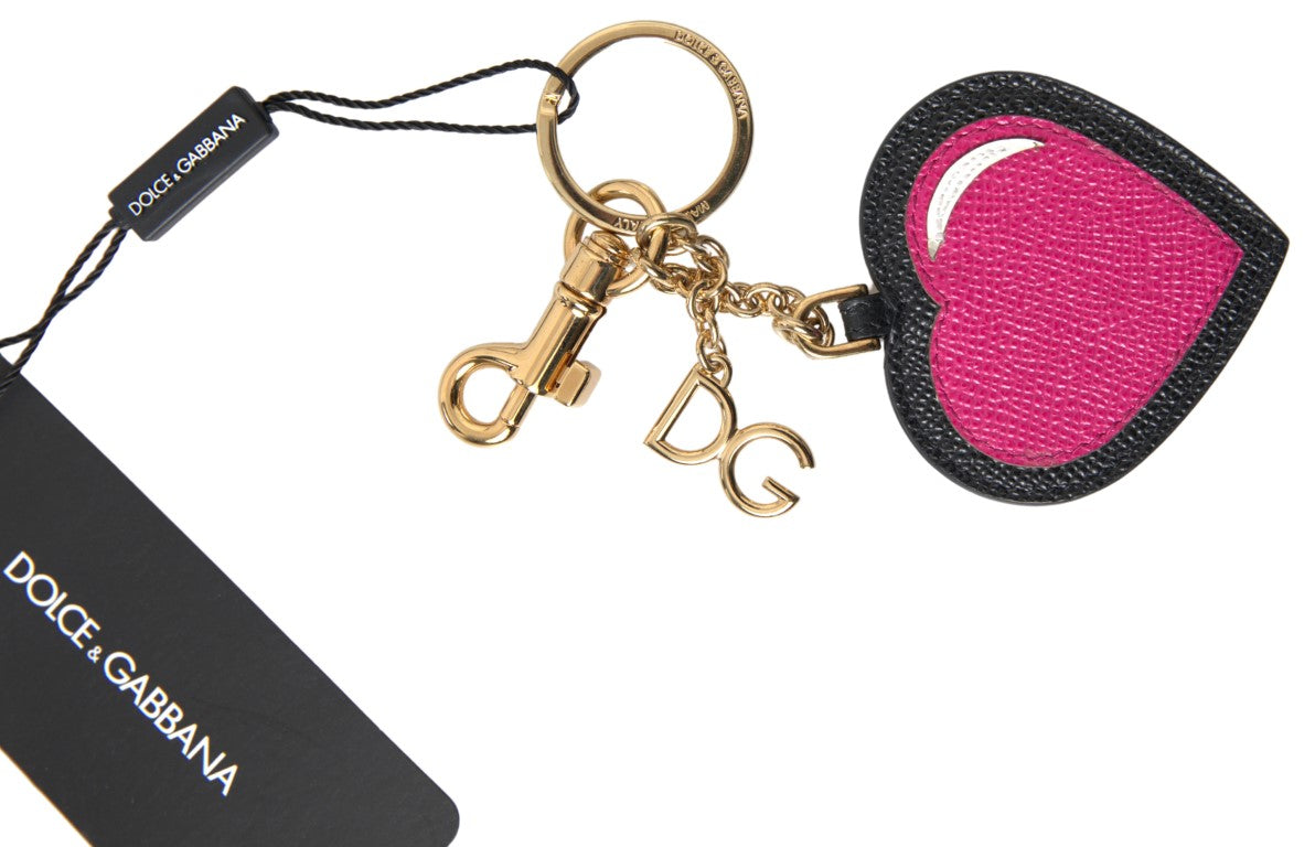 Dolce & Gabbana Portachiavi in Pelle Nera Fucsia a Cuore con Dettagli in Metallo Dorato