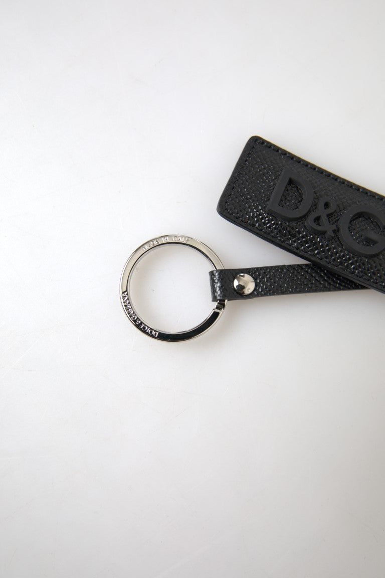 Portachiavi in pelle nera con logo DG e dettagli in metallo color argento Dolce & Gabbana