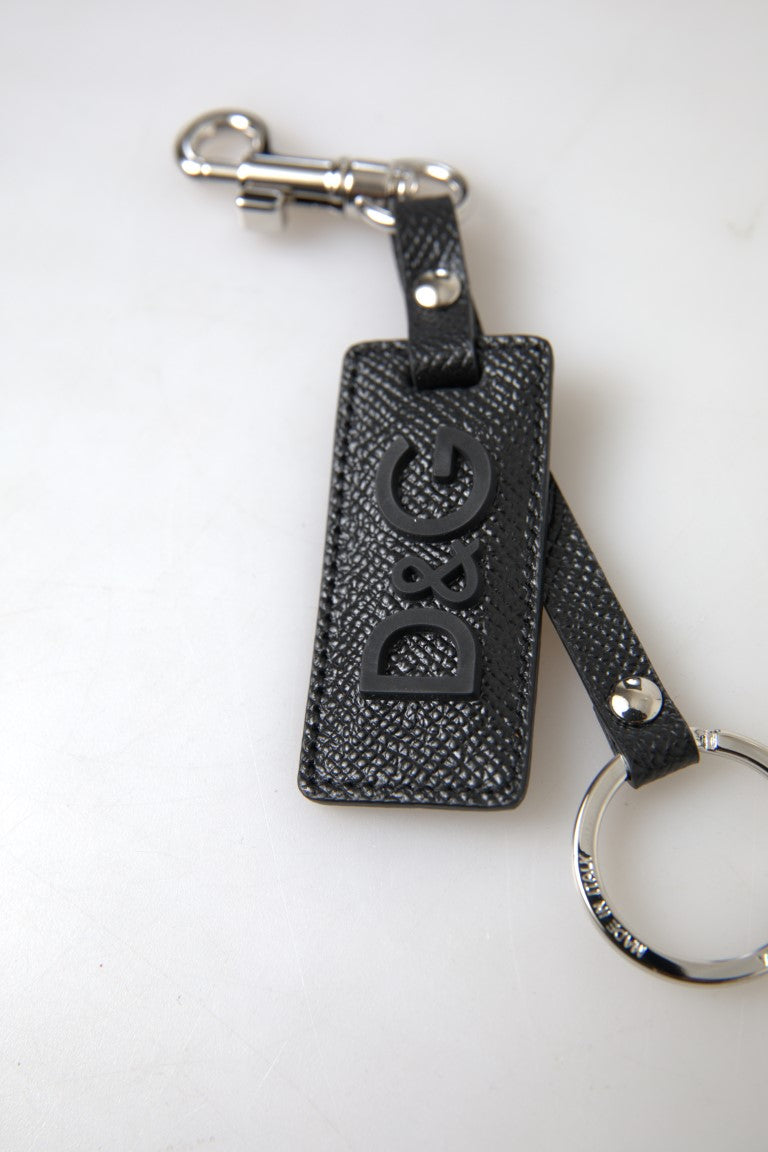 Portachiavi in pelle nera con logo DG e dettagli in metallo color argento Dolce & Gabbana
