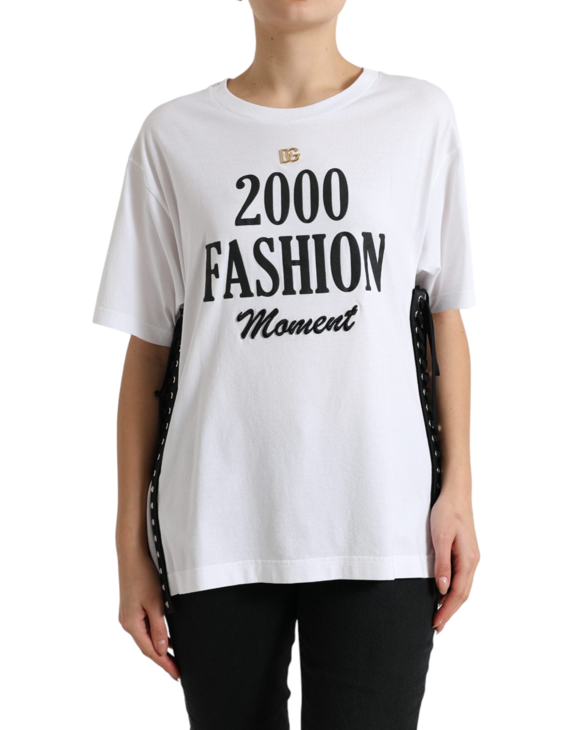 T-shirt Dolce & Gabbana bianca con stampa slogan e dettagli allacciati