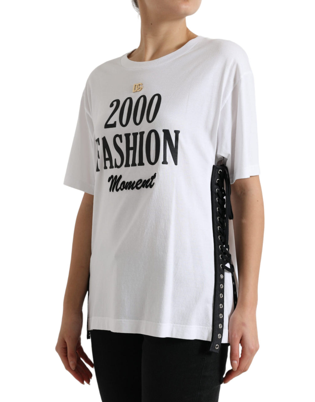 T-shirt Dolce & Gabbana bianca con stampa slogan e dettagli allacciati