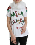 Dolce & Gabbana T-shirt natalizia in cotone bianco con paillettes e pelliccia