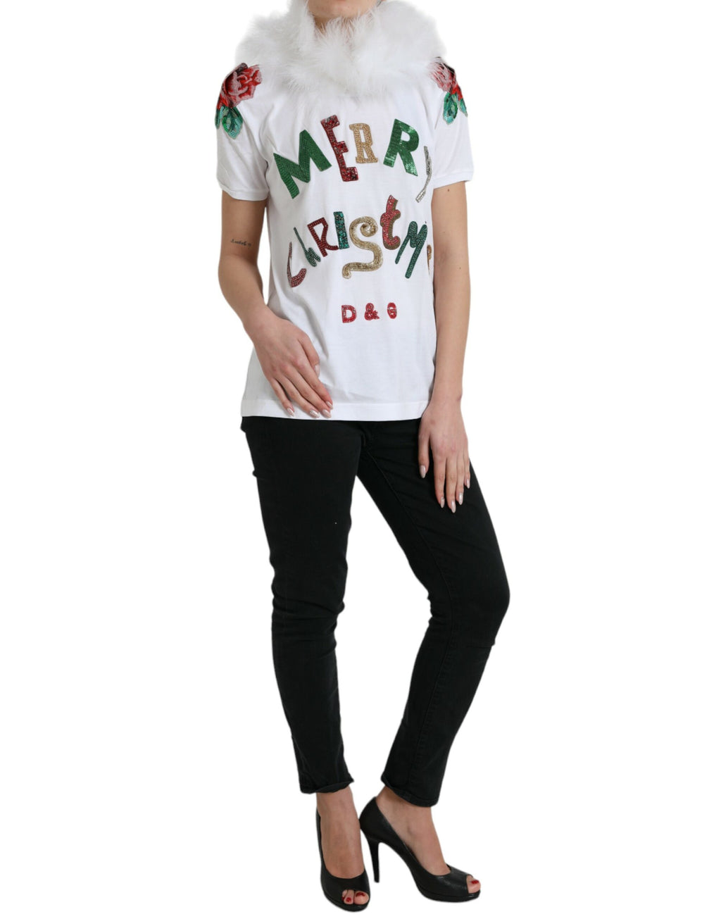 Dolce & Gabbana T-shirt natalizia in cotone bianco con paillettes e pelliccia