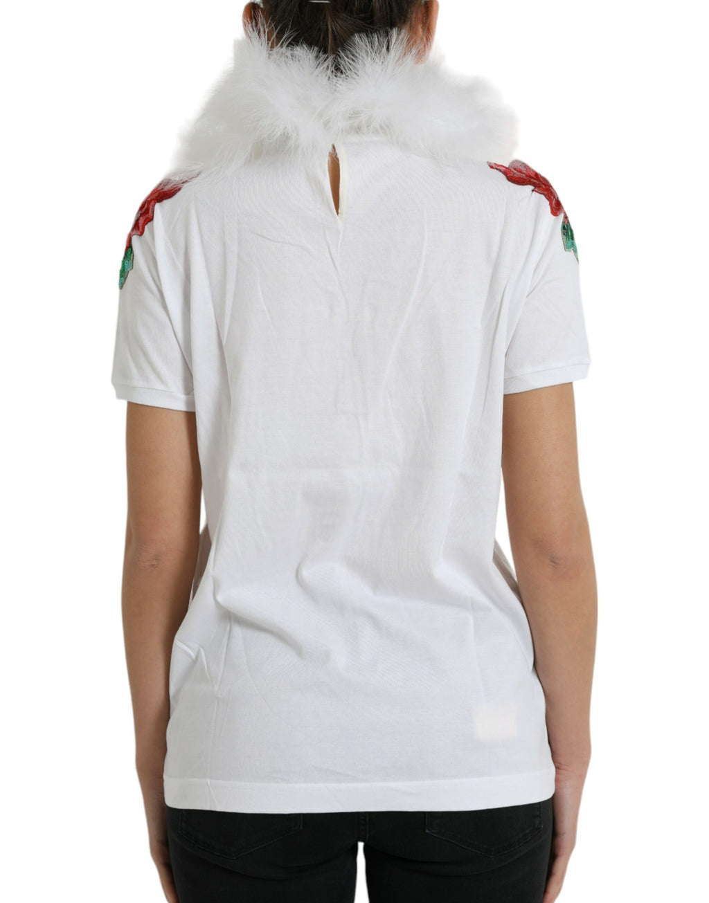Dolce & Gabbana T-shirt natalizia in cotone bianco con paillettes e pelliccia