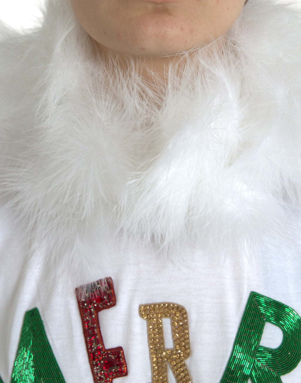 Dolce & Gabbana T-shirt natalizia in cotone bianco con paillettes e pelliccia