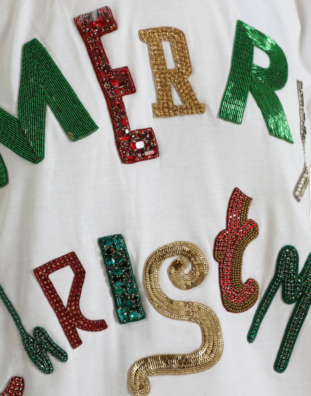 Dolce & Gabbana T-shirt natalizia in cotone bianco con paillettes e pelliccia
