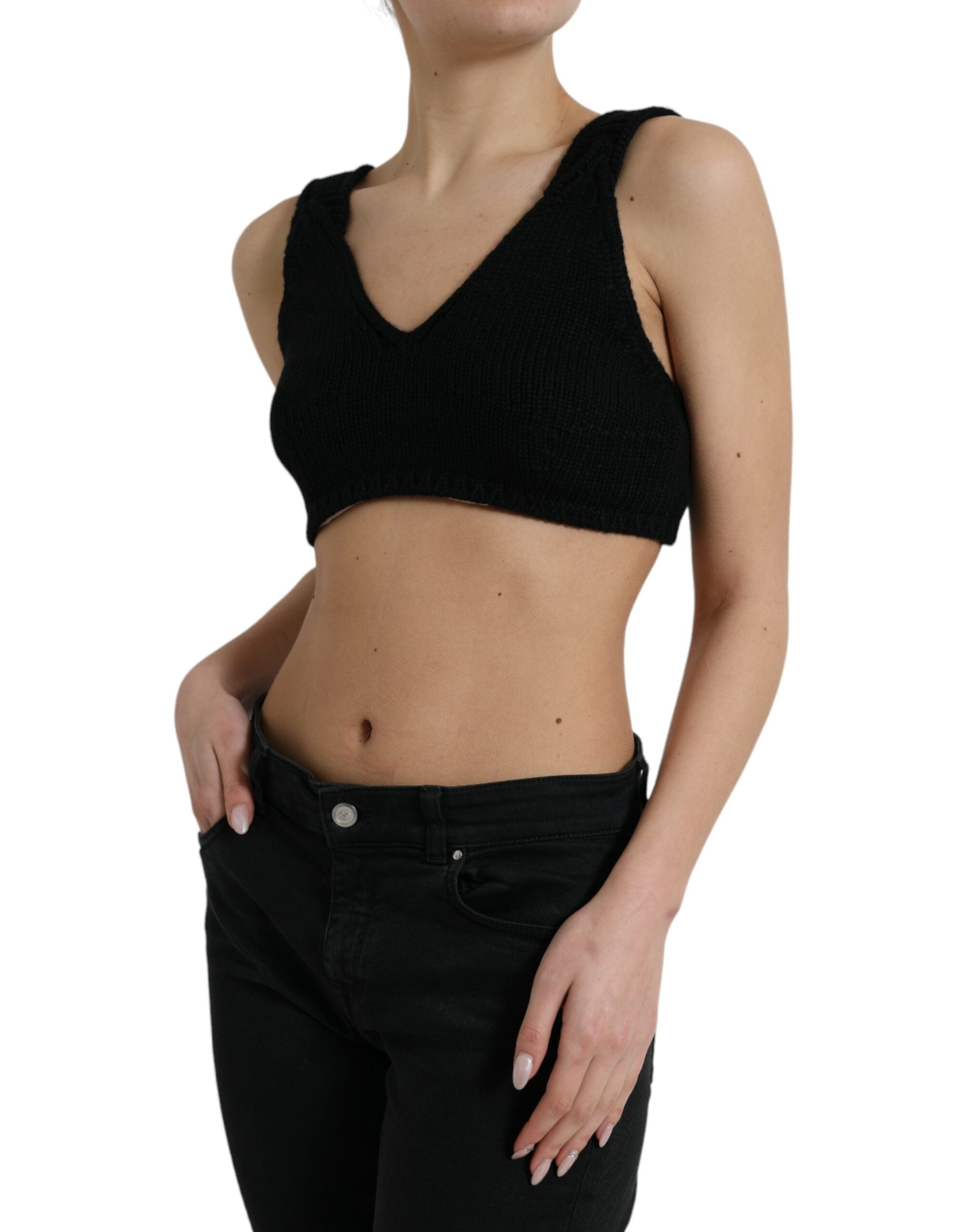 Top bustier Dolce & Gabbana nero in cashmere scollato a V e crop