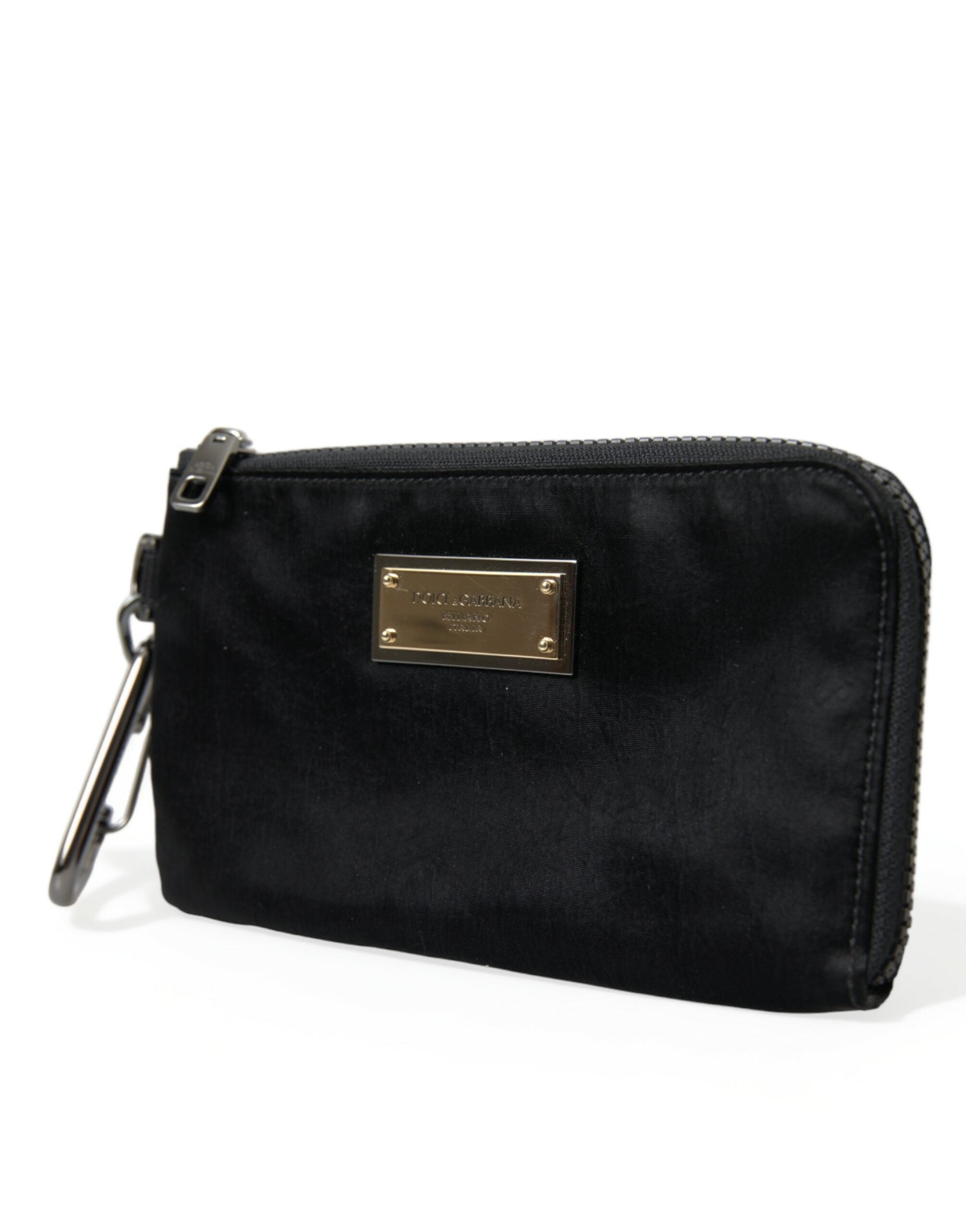 Dolce & Gabbana Borsa Pochette Portachiavi in Nylon Nero con Placca Logo