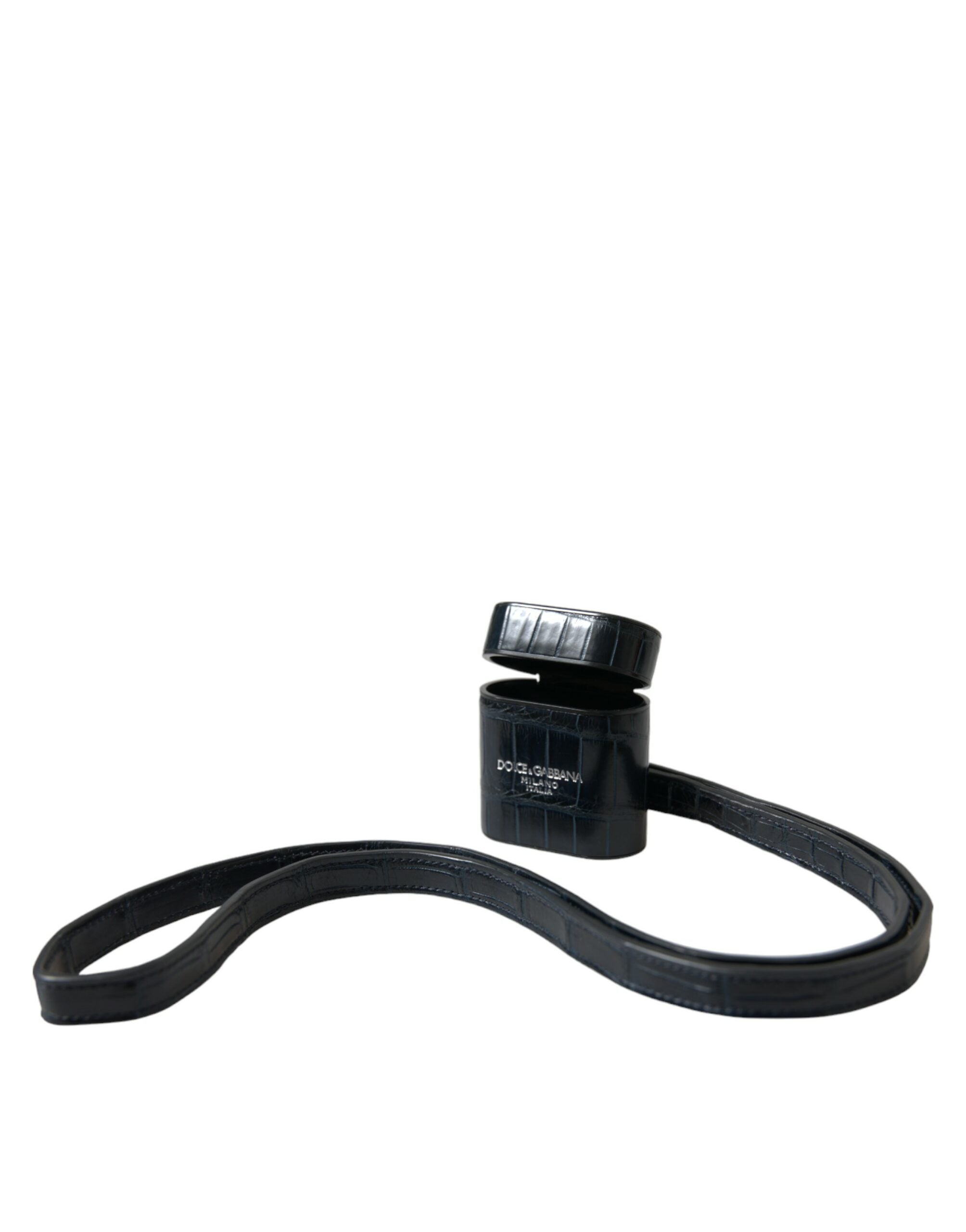 Custodia per Airpods Dolce & Gabbana in coccodrillo nero e metallo argentato con logo