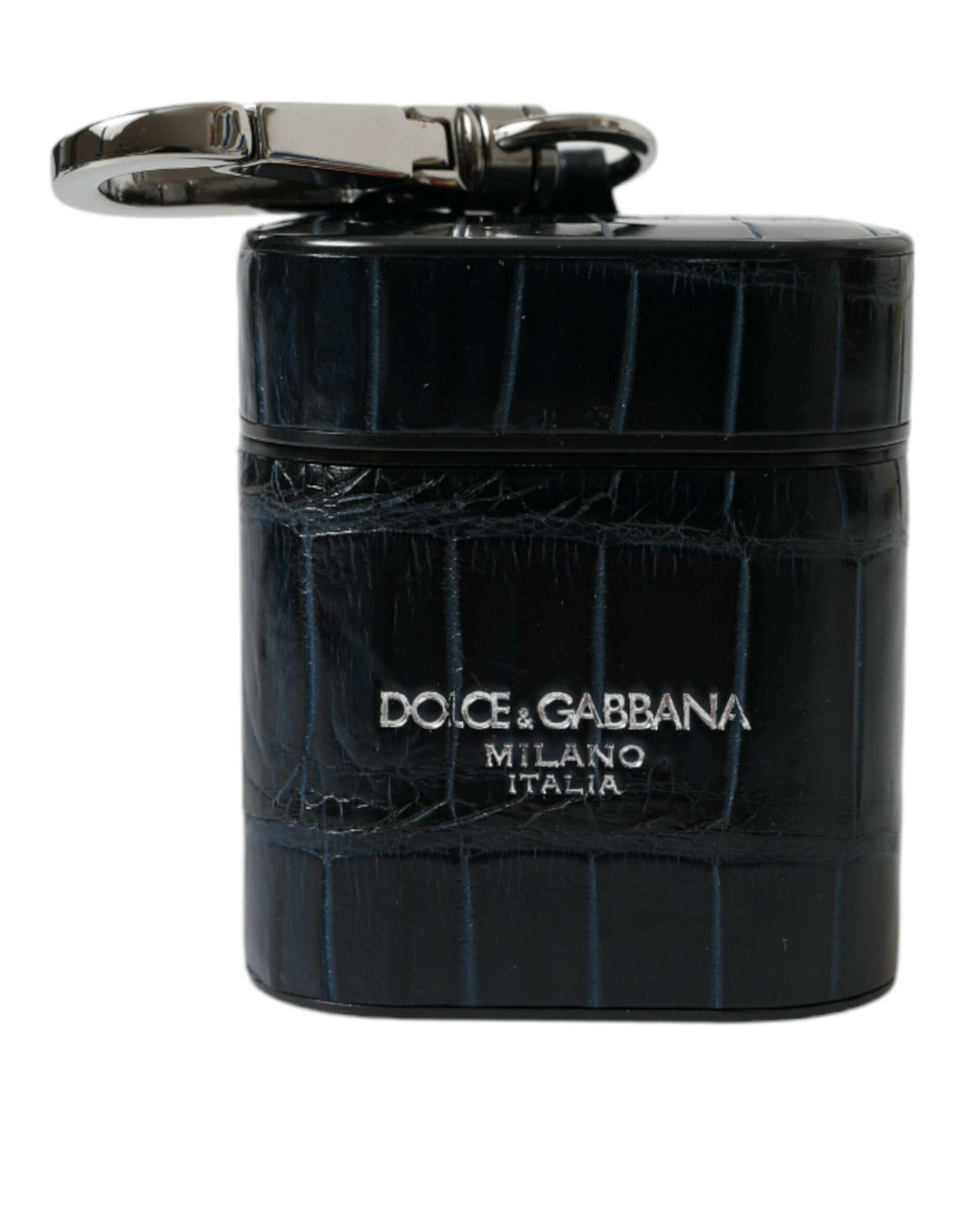 Custodia per Airpods Dolce & Gabbana in coccodrillo nero e metallo argentato con logo