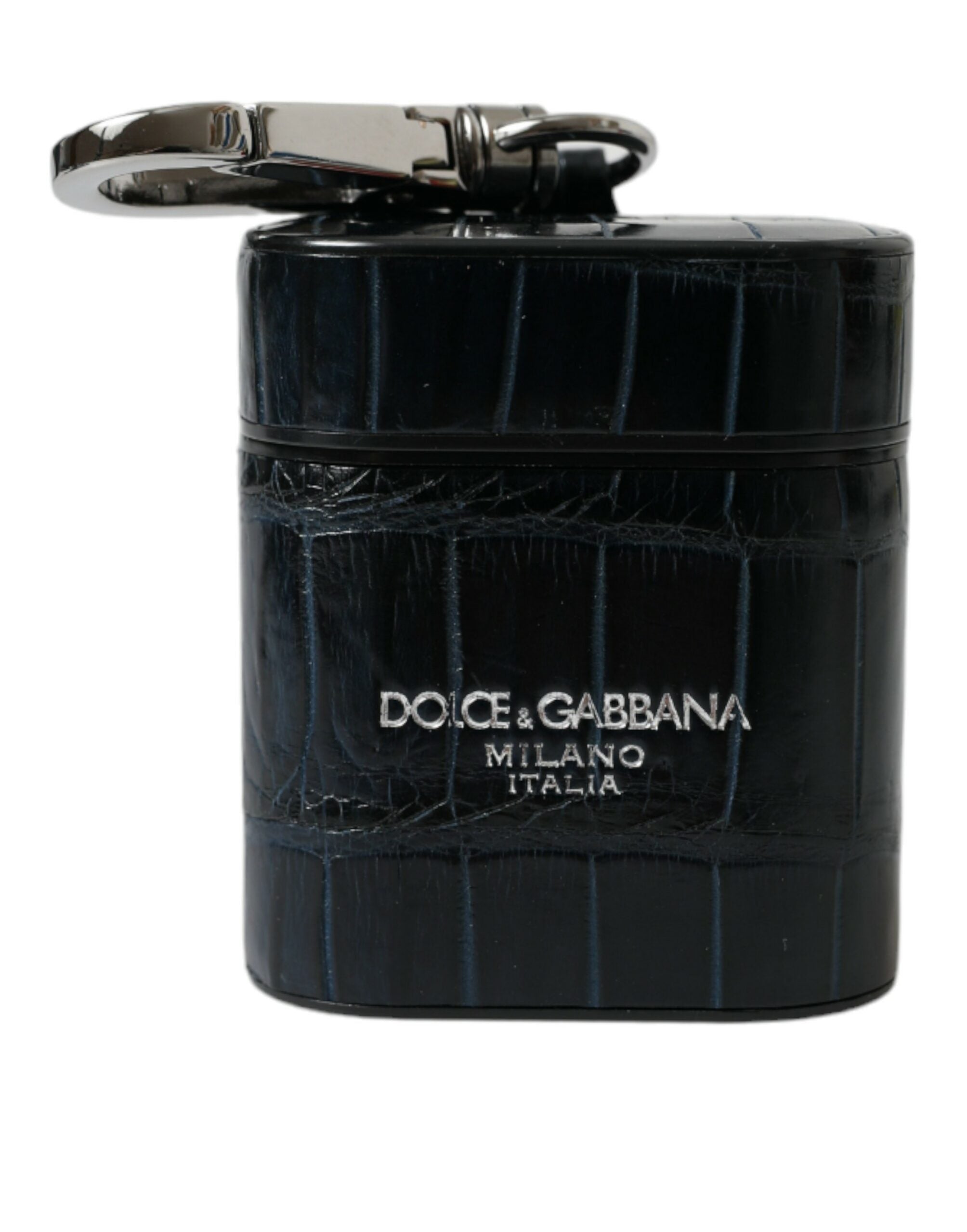 Custodia per Airpods Dolce & Gabbana in coccodrillo nero e metallo argentato con logo