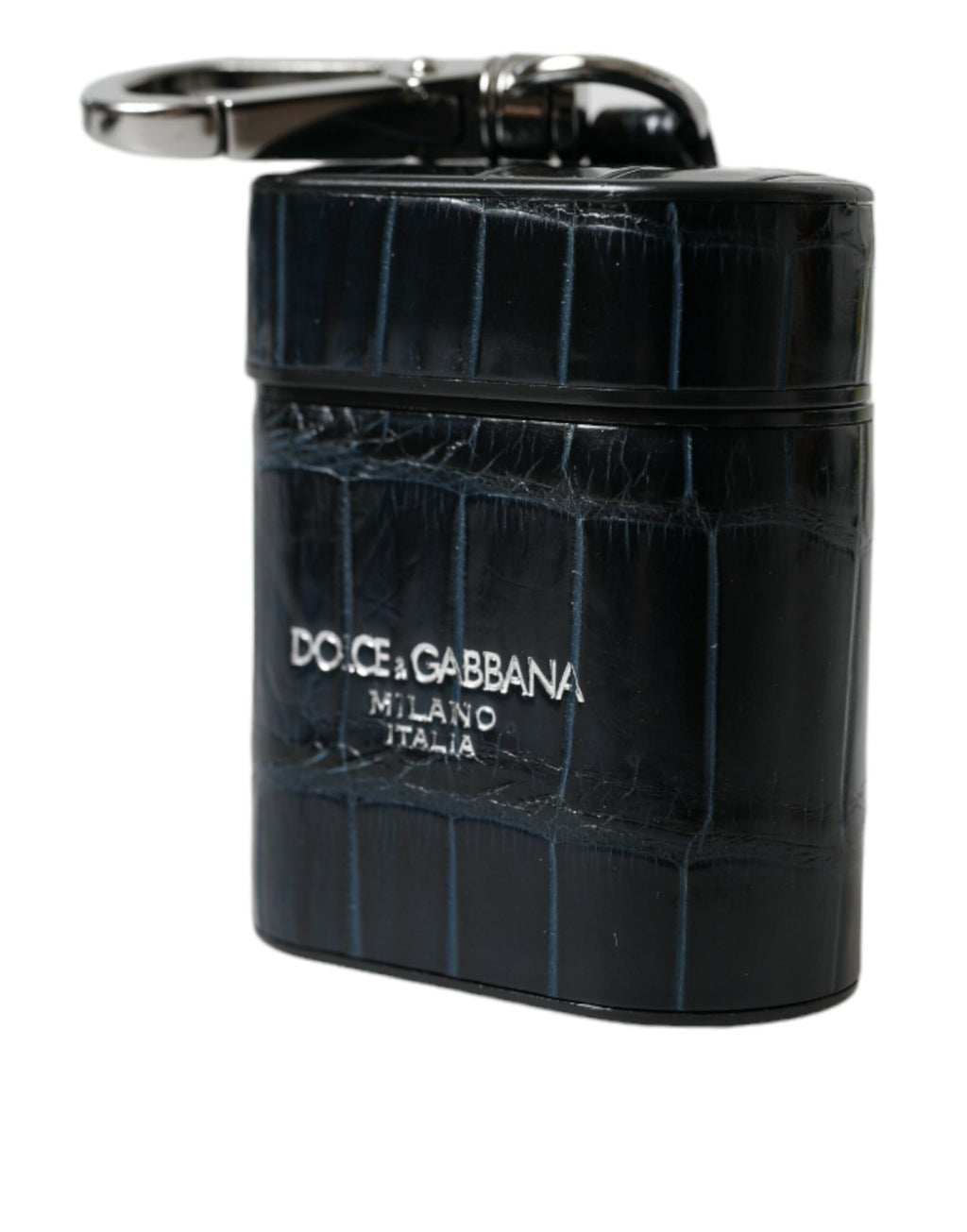 Custodia per Airpods Dolce & Gabbana in coccodrillo nero e metallo argentato con logo