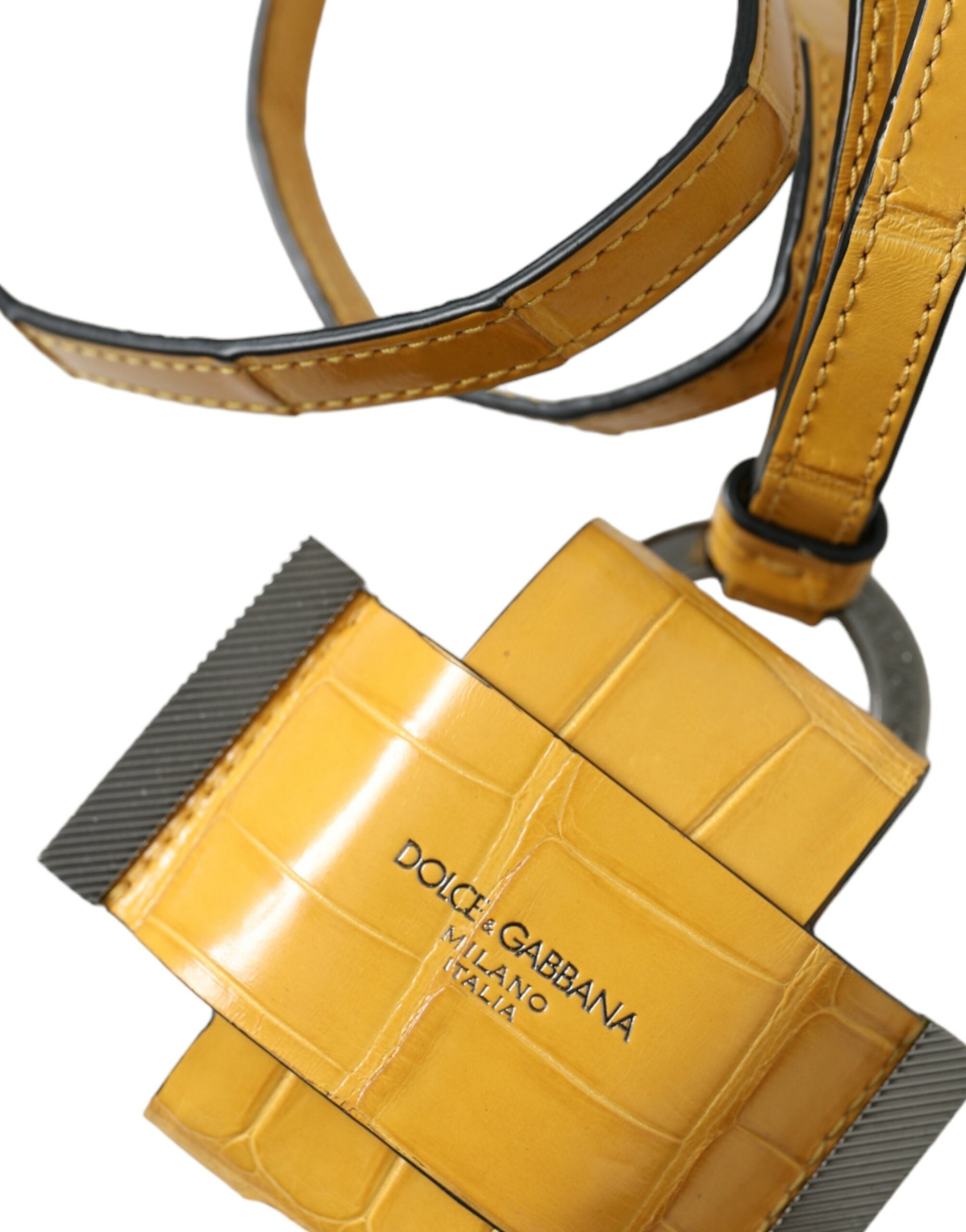 Portachiavi con cordino Dolce & Gabbana in pelle di coccodrillo gialla con stampa logo