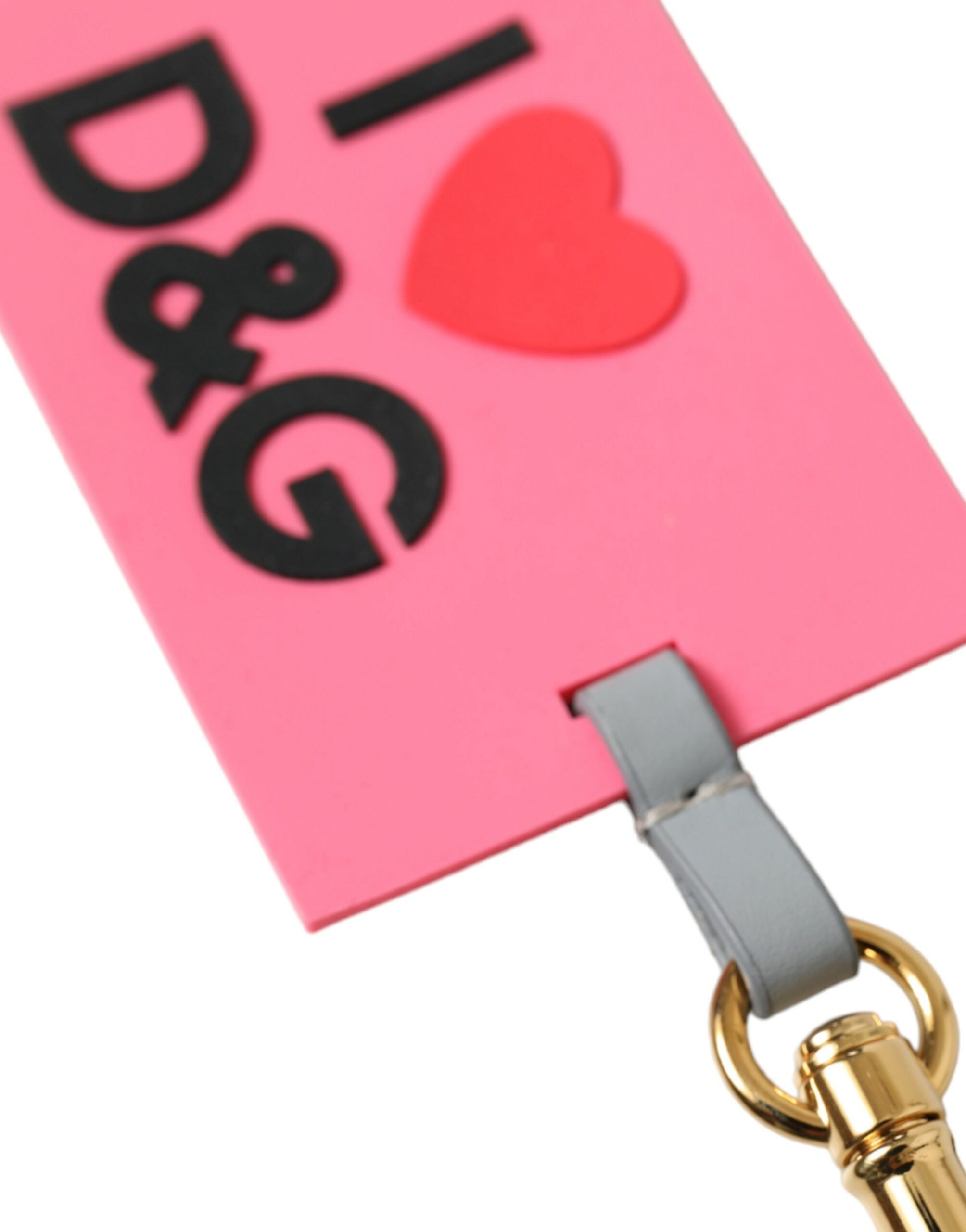 Portachiavi Dolce & Gabbana in silicone rosa con logo DG in ottone dorato