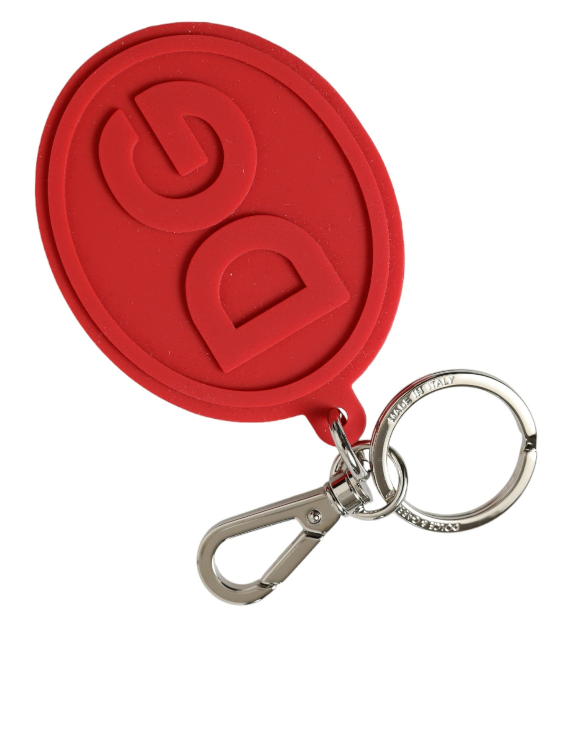 Dolce & Gabbana Portachiavi in metallo ottone argentato con logo DG in gomma rossa