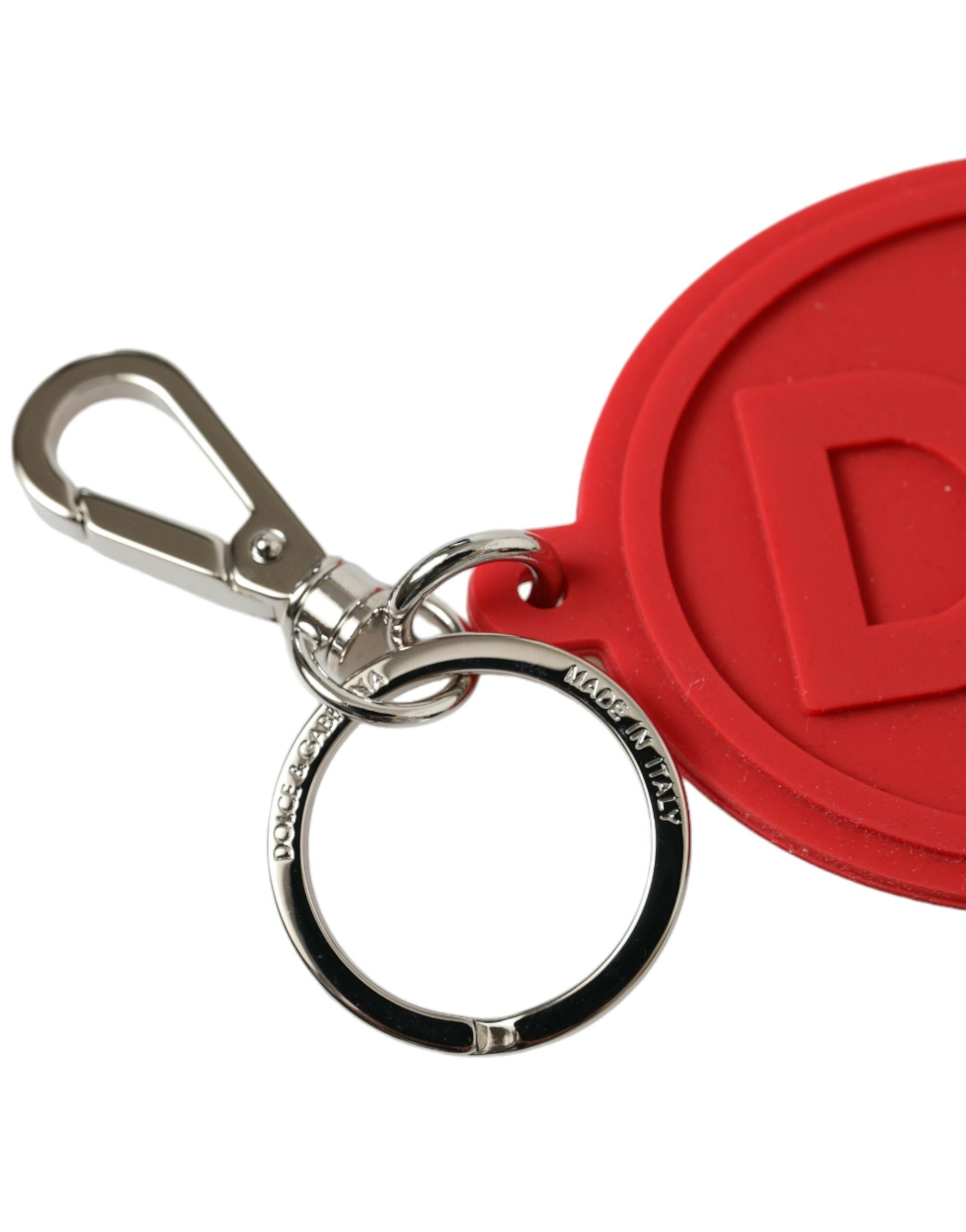 Dolce & Gabbana Portachiavi in metallo ottone argentato con logo DG in gomma rossa