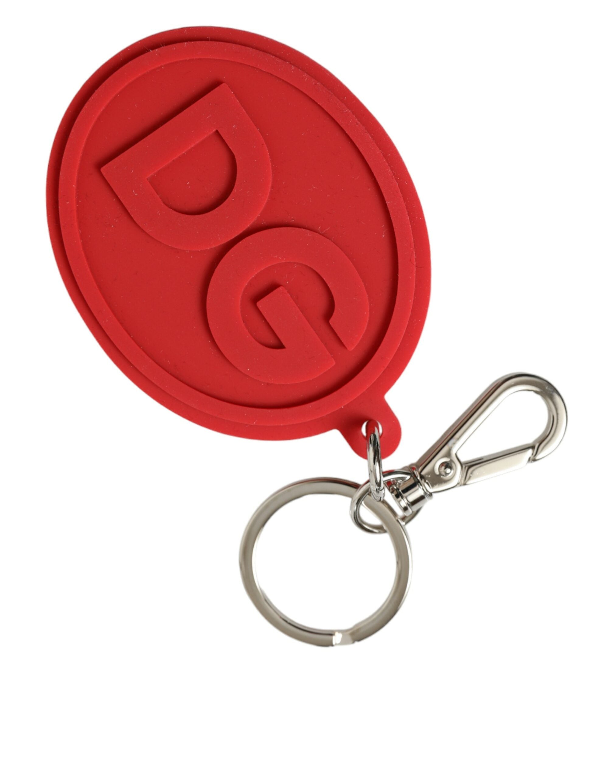 Dolce & Gabbana Portachiavi in metallo ottone argentato con logo DG in gomma rossa