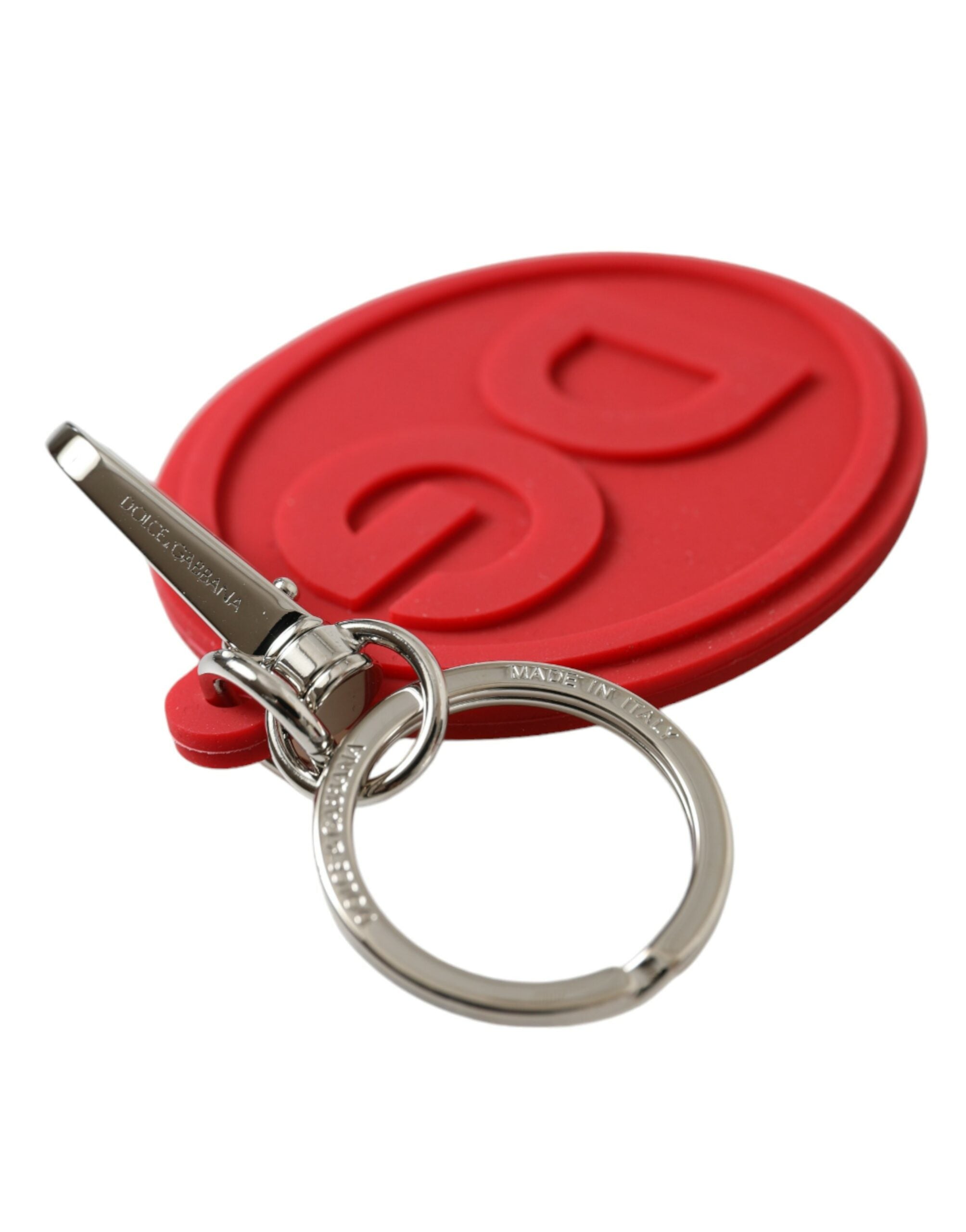 Dolce & Gabbana Portachiavi in metallo ottone argentato con logo DG in gomma rossa