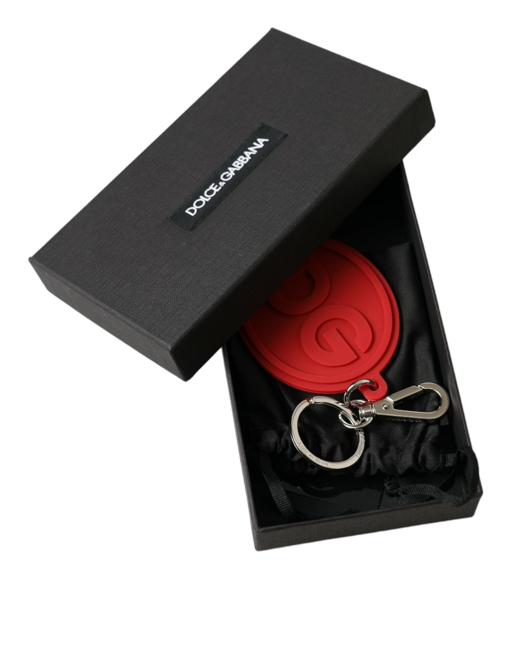 Dolce & Gabbana Portachiavi in metallo ottone argentato con logo DG in gomma rossa