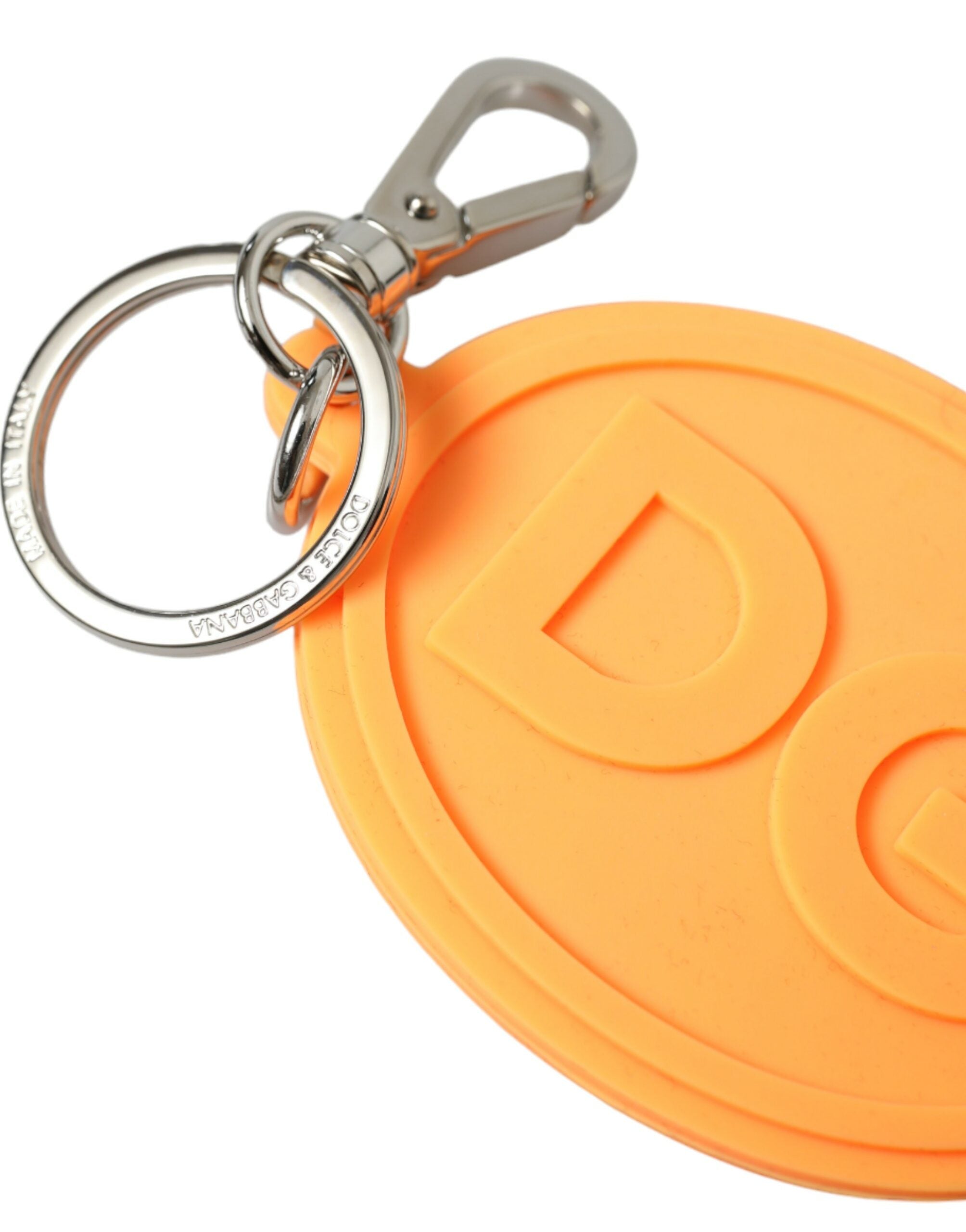 Dolce & Gabbana Portachiavi in metallo ottone argentato con logo DG in gomma arancione