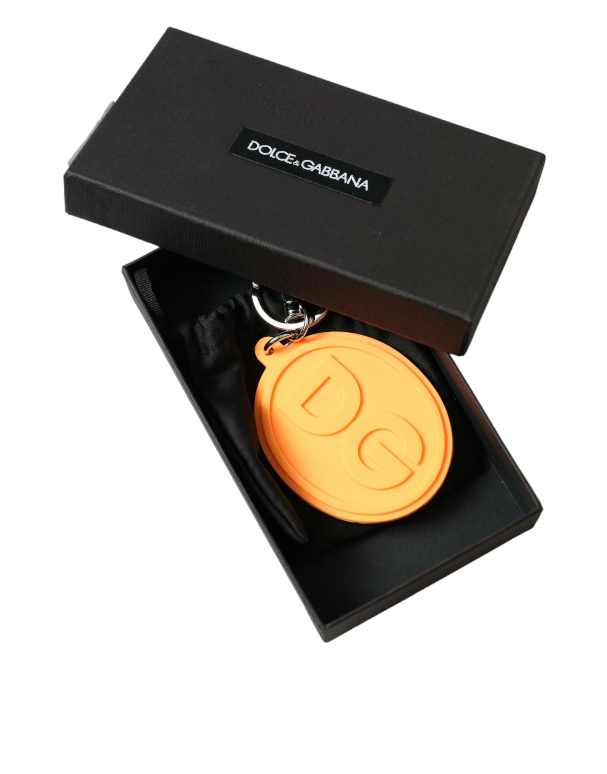 Dolce & Gabbana Portachiavi in metallo ottone argentato con logo DG in gomma arancione