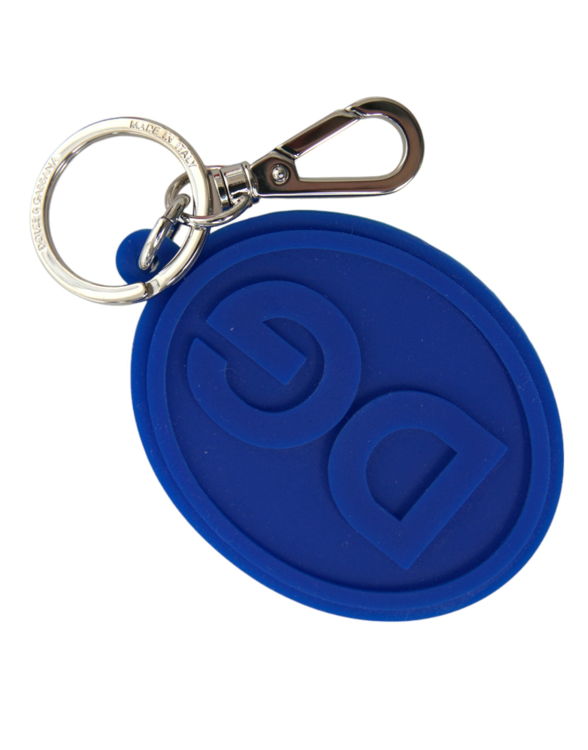 Portachiavi in metallo in ottone argentato con logo DG in gomma blu Dolce & Gabbana