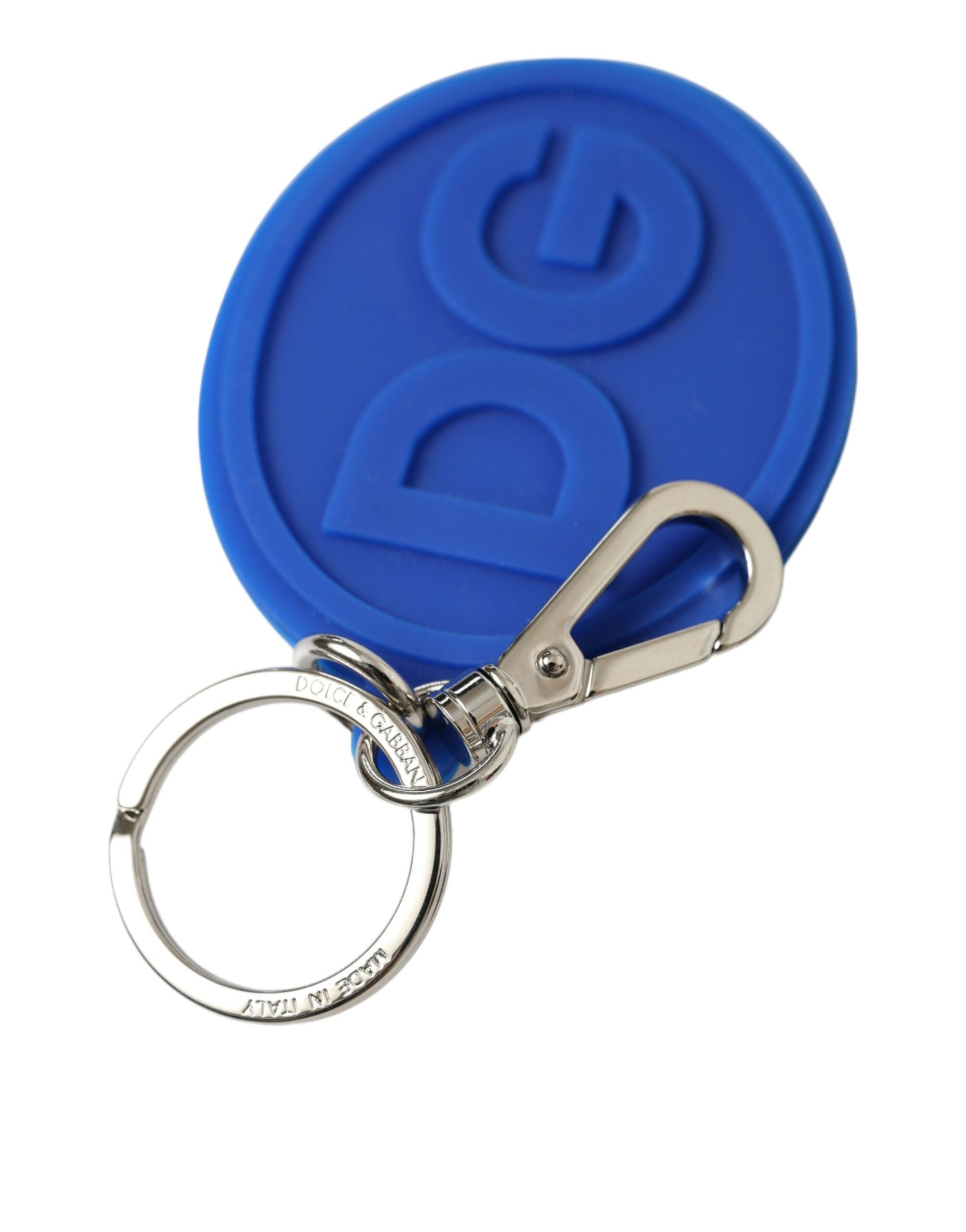 Portachiavi in metallo in ottone argentato con logo DG in gomma blu Dolce & Gabbana