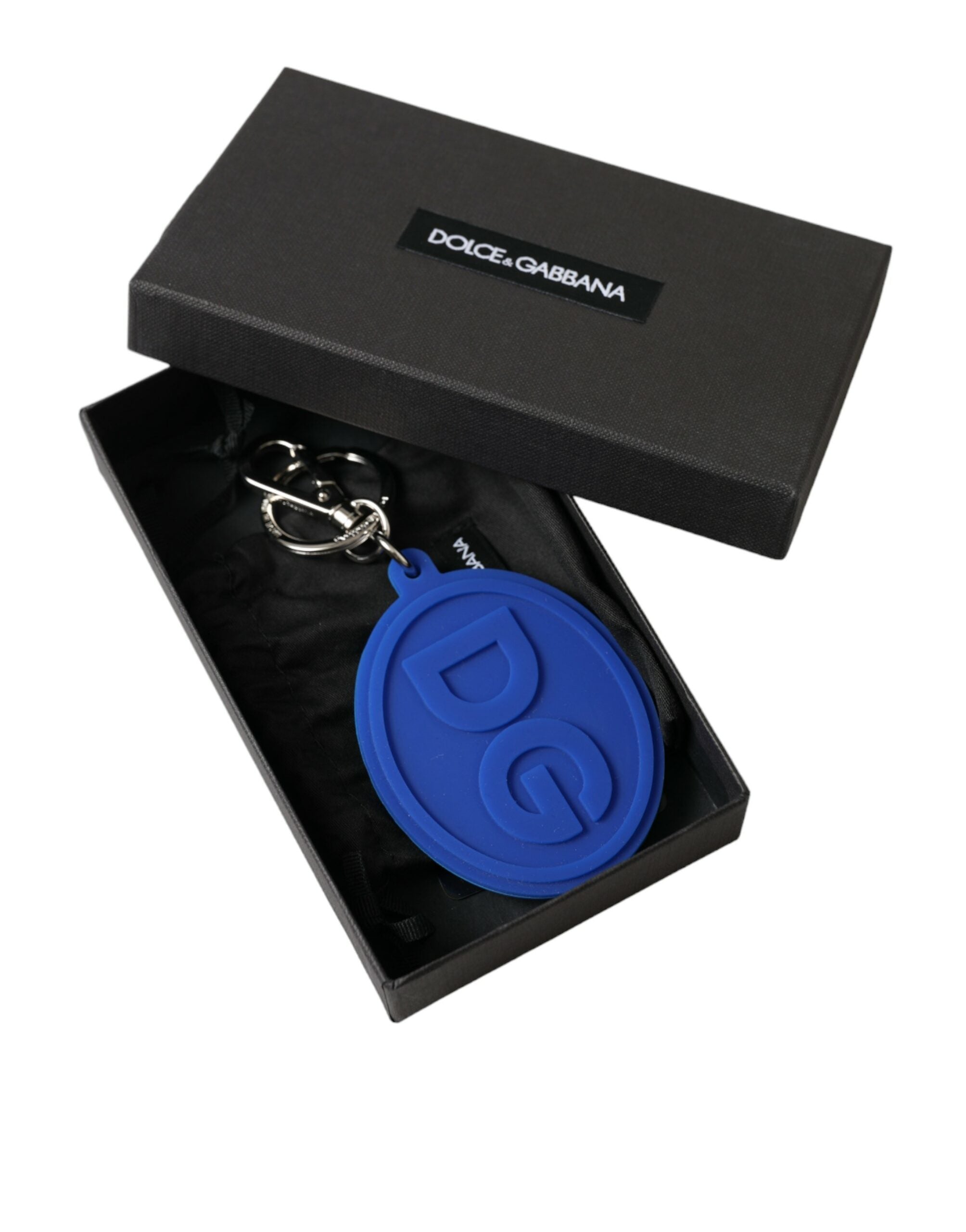 Portachiavi in metallo in ottone argentato con logo DG in gomma blu Dolce & Gabbana