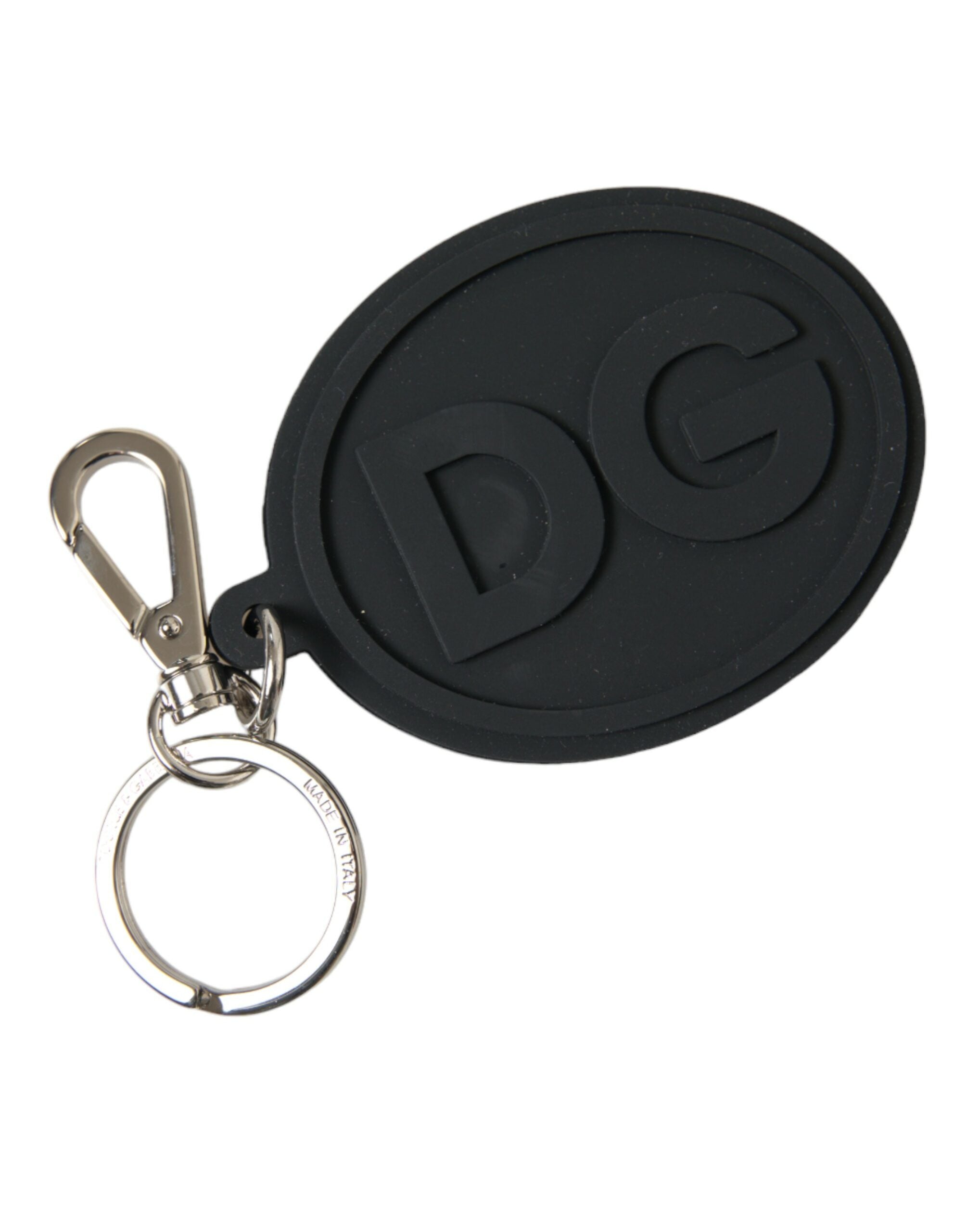 Portachiavi in gomma nera Dolce & Gabbana con logo DG in ottone argentato