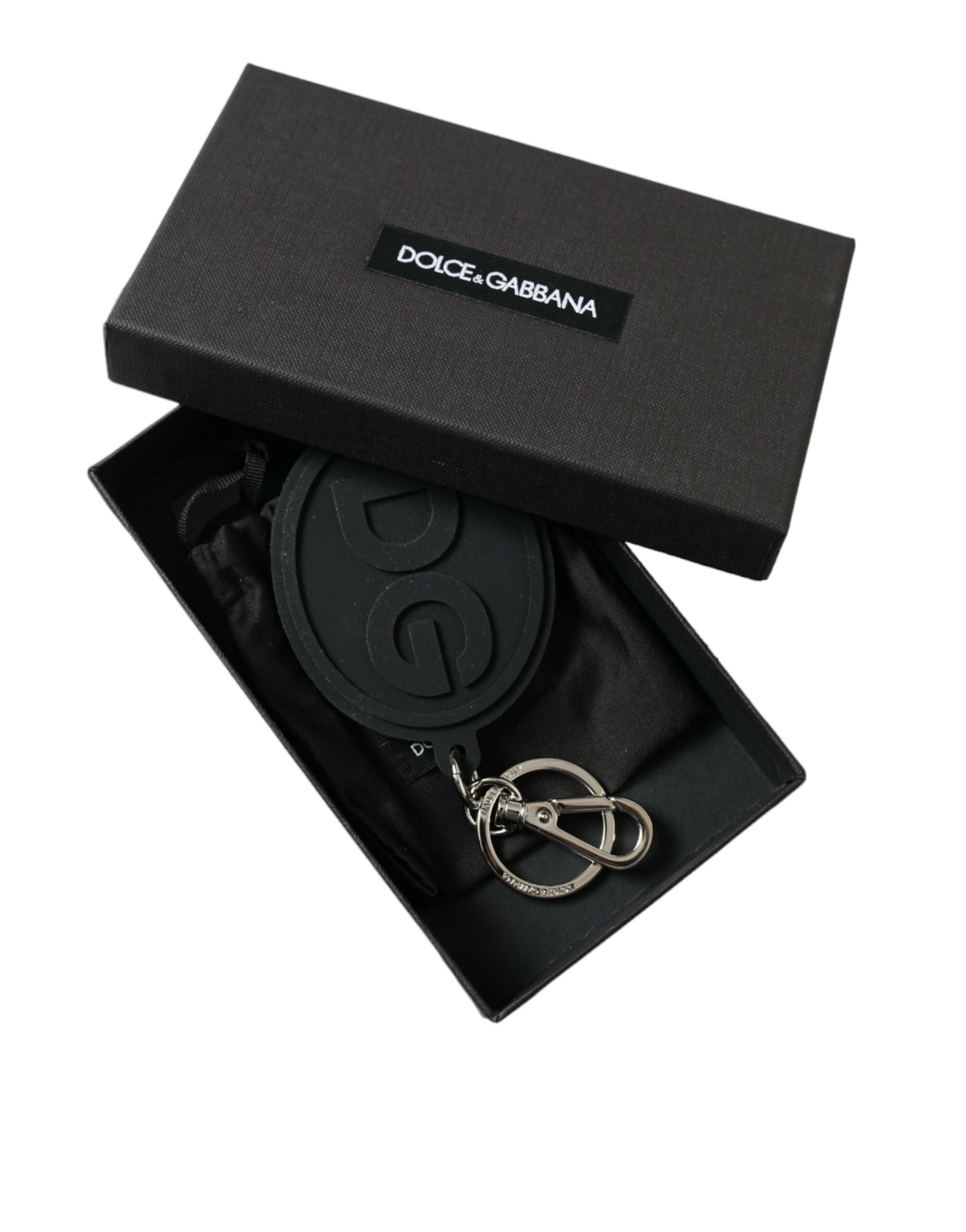 Portachiavi in gomma nera Dolce & Gabbana con logo DG in ottone argentato