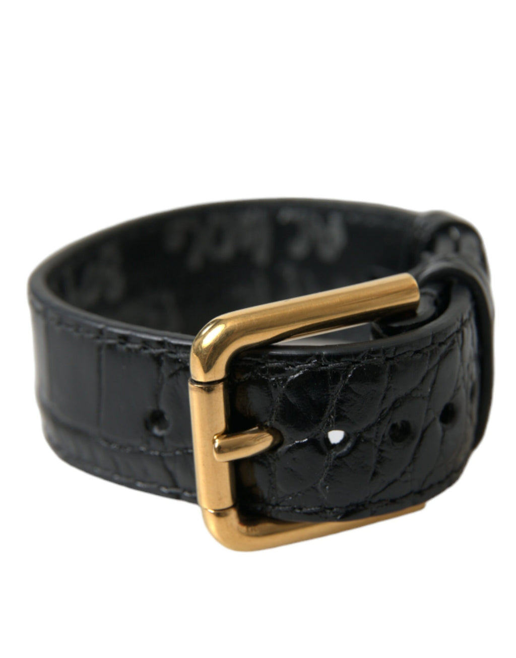 Dolce & Gabbana Bracciale in Pelle Testurizzata Nera con Fibbia Color Oro