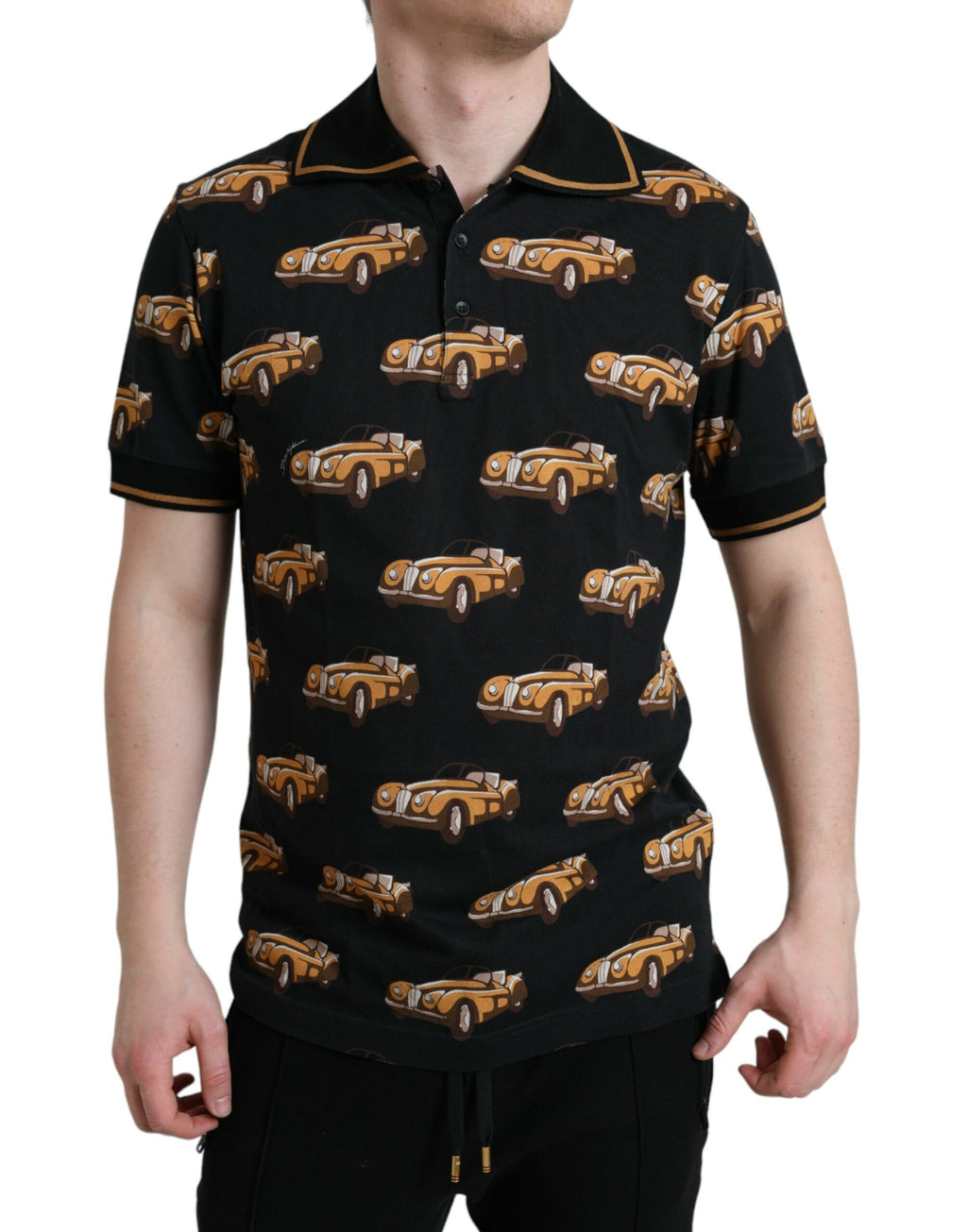 Dolce & Gabbana T-shirt polo a maniche corte nera con stampa auto