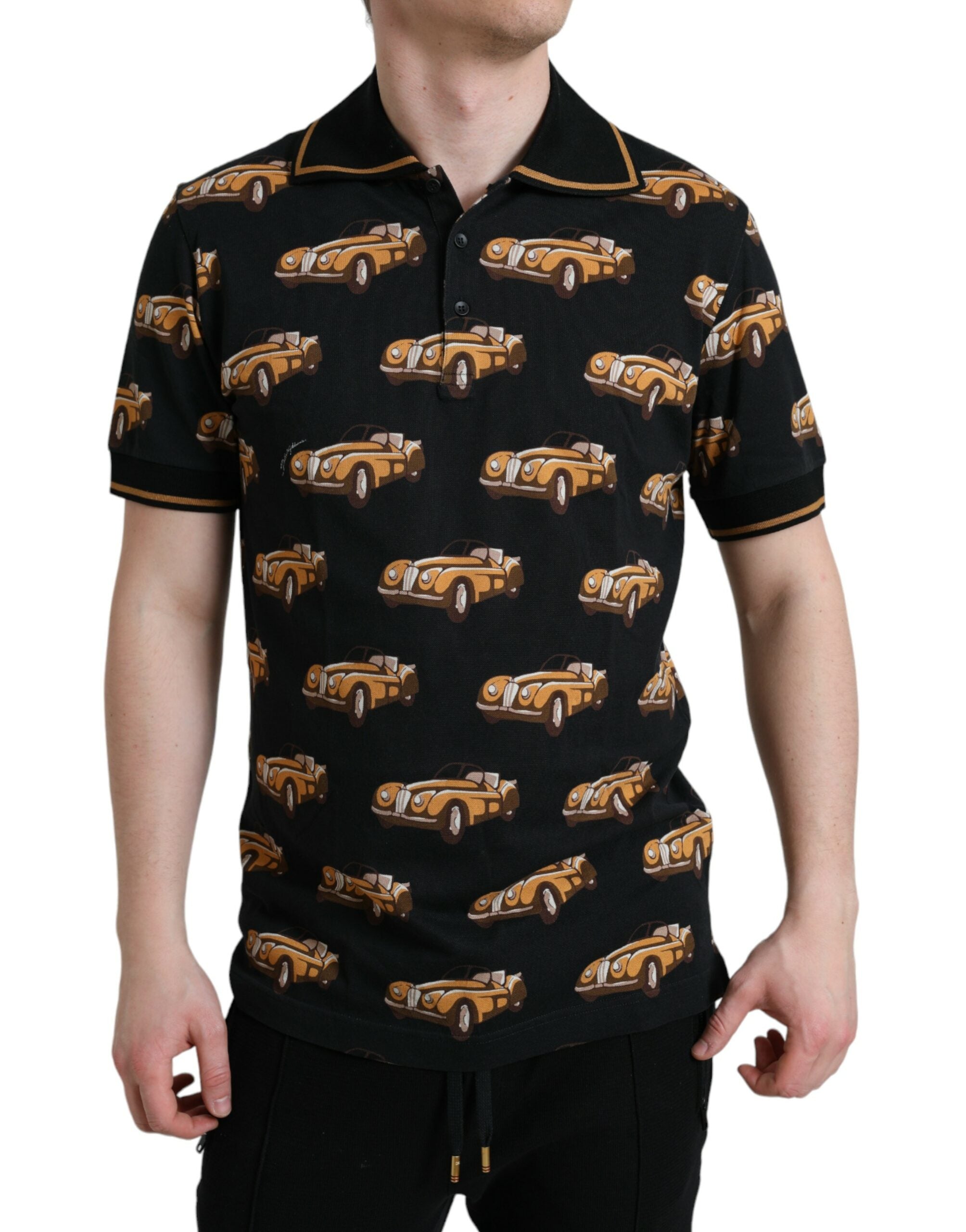 Dolce & Gabbana T-shirt polo a maniche corte nera con stampa auto