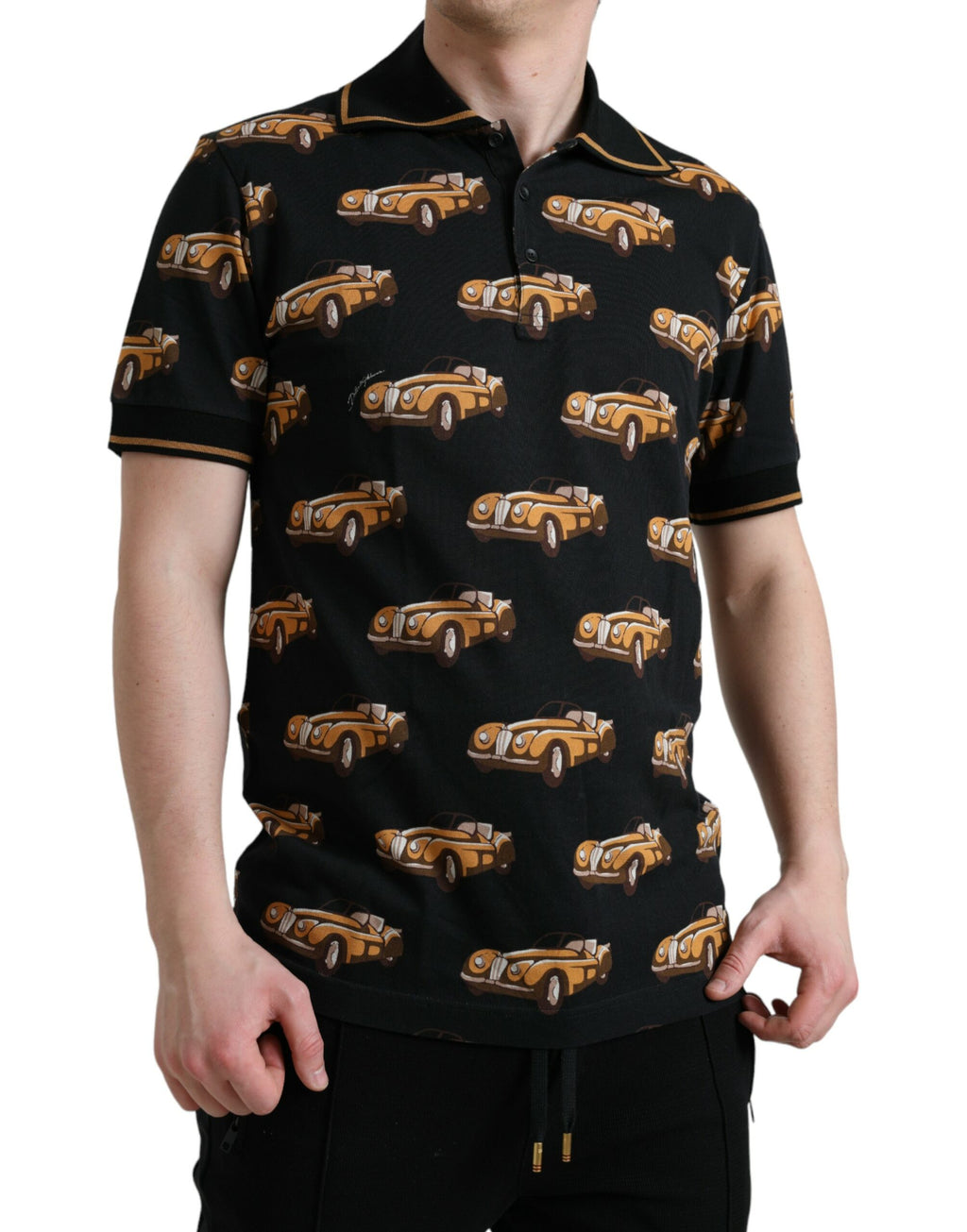 Dolce & Gabbana T-shirt polo a maniche corte nera con stampa auto