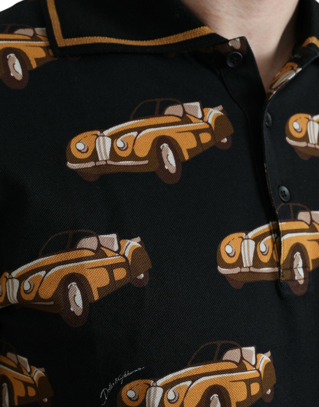Dolce & Gabbana T-shirt polo a maniche corte nera con stampa auto