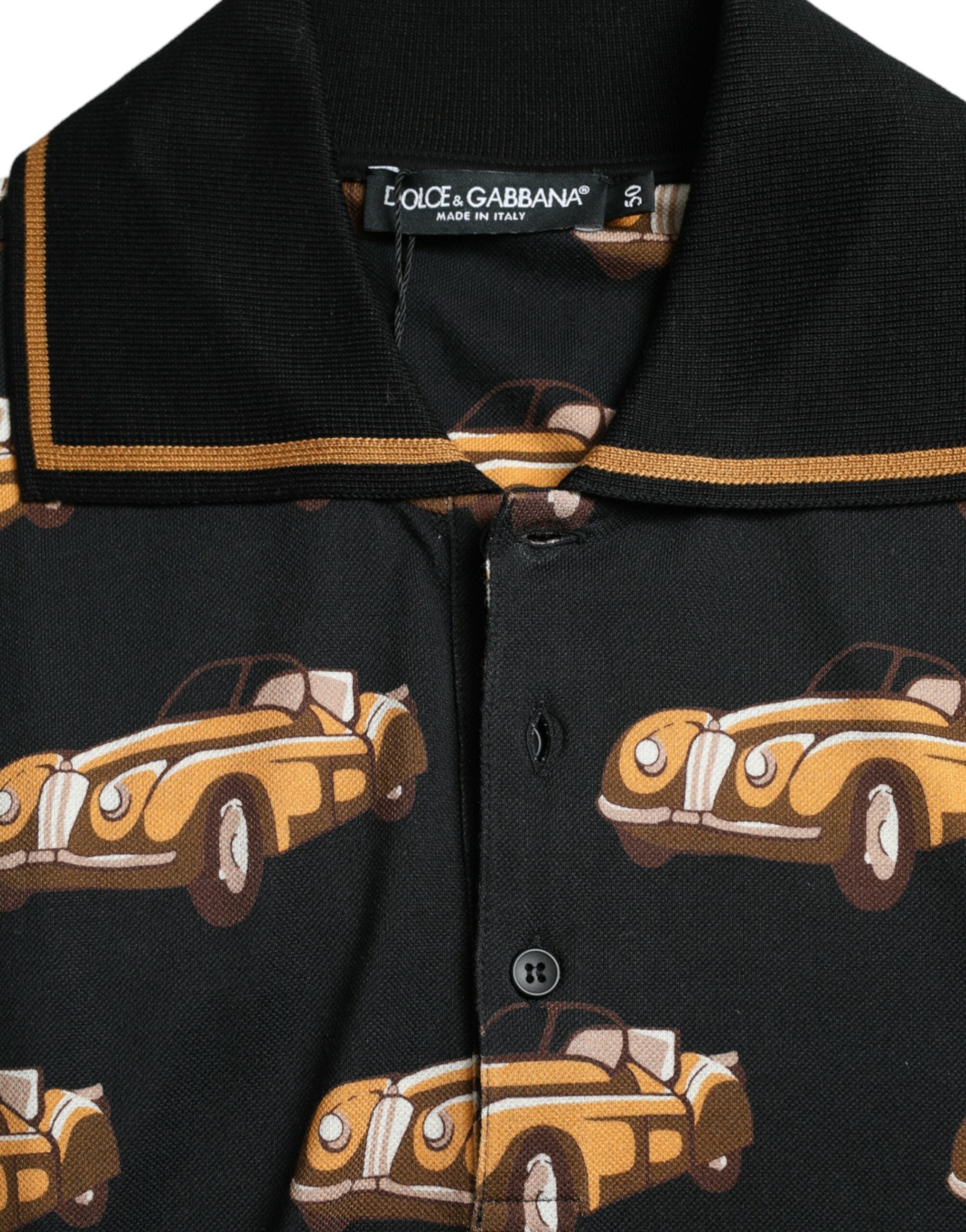 Dolce & Gabbana T-shirt polo a maniche corte nera con stampa auto