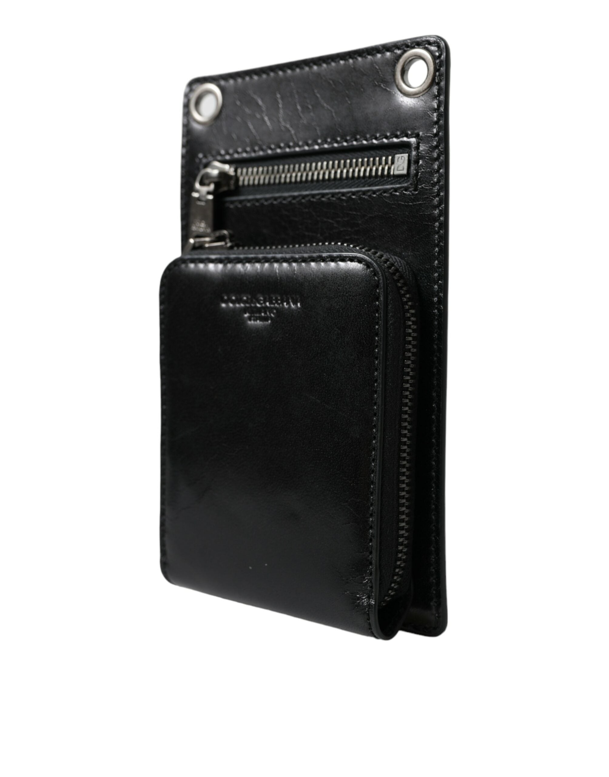 Dolce & Gabbana Portafoglio Nero in Pelle di Cavallo con Cerniera Logo e Tracolla Porta Telefono