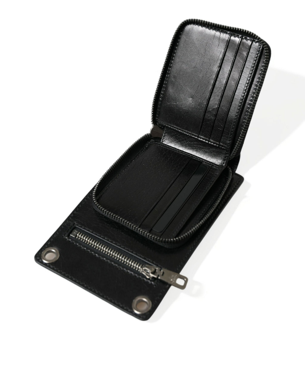 Dolce & Gabbana Portafoglio Nero in Pelle di Cavallo con Cerniera Logo e Tracolla Porta Telefono