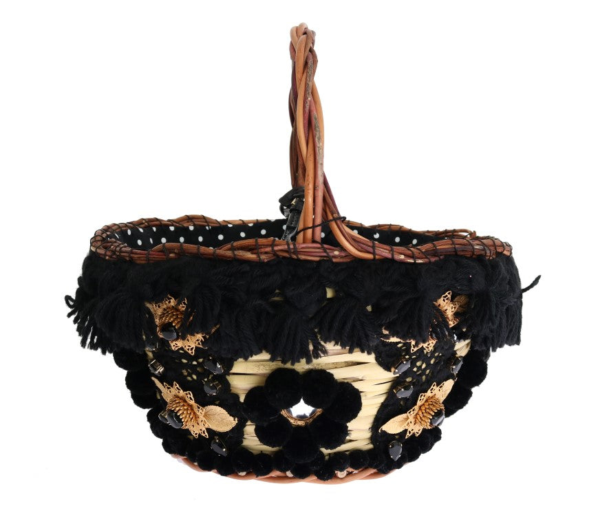 Borsa AGNESE Dolce & Gabbana beige in paglia con pompon in serpente e cristalli