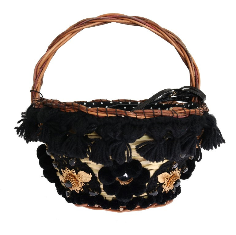 Borsa AGNESE Dolce & Gabbana beige in paglia con pompon in serpente e cristalli