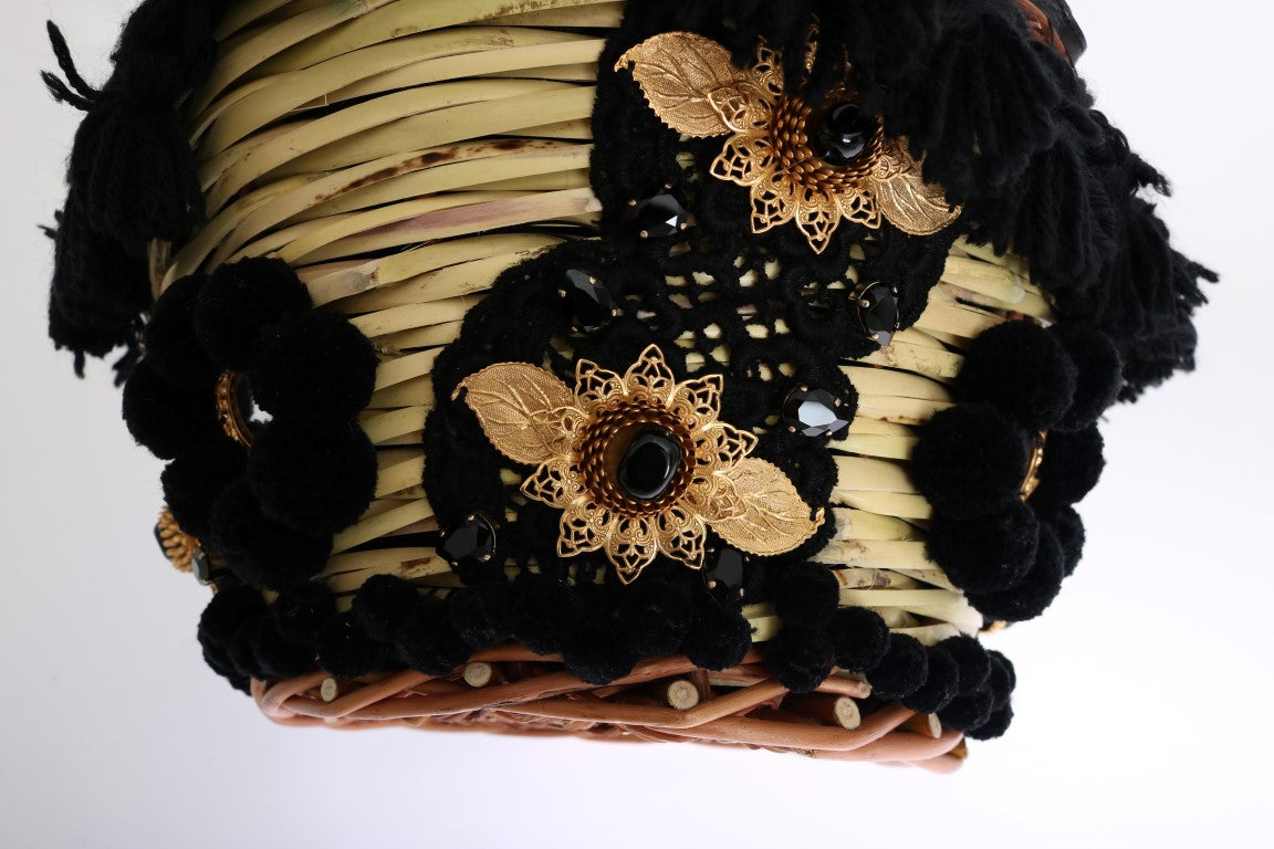Borsa AGNESE Dolce & Gabbana beige in paglia con pompon in serpente e cristalli