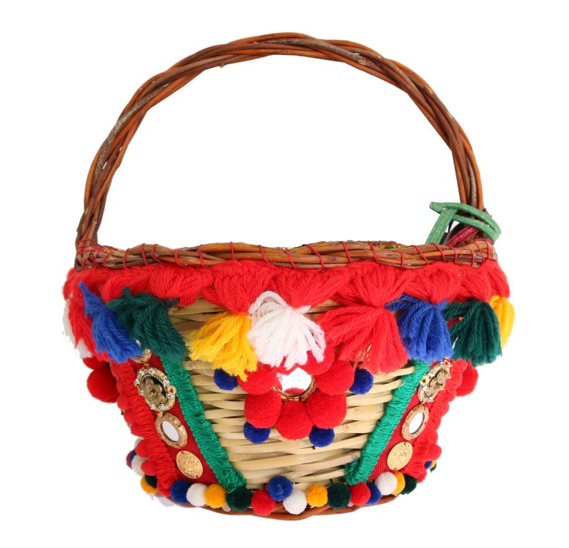 Dolce & Gabbana Borsa Agnese in Paglia Multicolor con Cristalli e Pompon