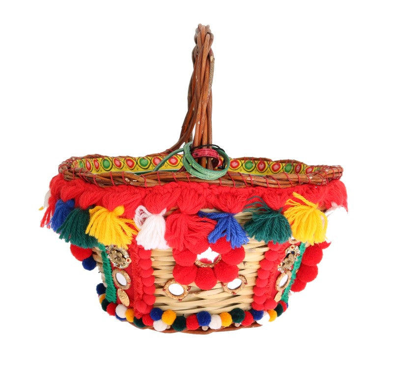 Dolce & Gabbana Borsa Agnese in Paglia Multicolor con Cristalli e Pompon