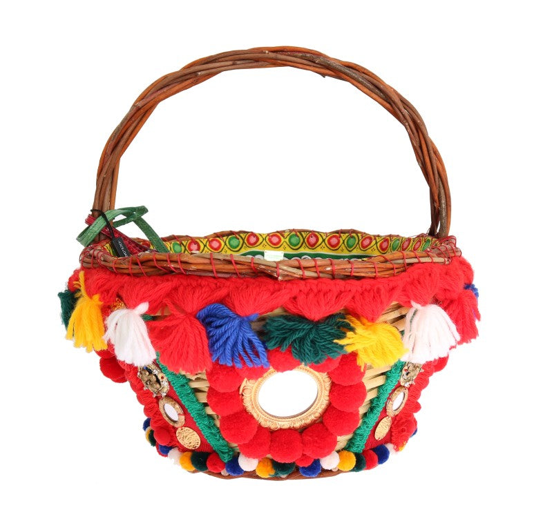 Dolce & Gabbana Borsa Agnese in Paglia Multicolor con Cristalli e Pompon