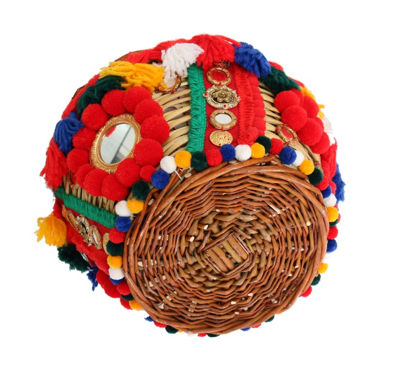 Dolce & Gabbana Borsa Agnese in Paglia Multicolor con Cristalli e Pompon