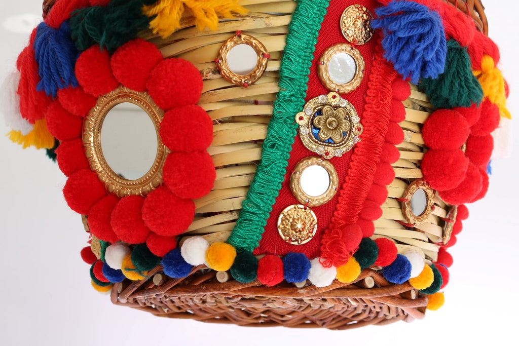 Dolce & Gabbana Borsa Agnese in Paglia Multicolor con Cristalli e Pompon