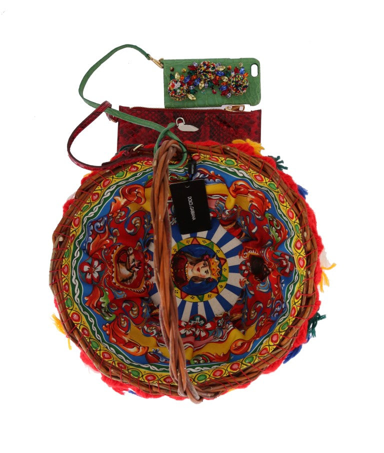 Dolce & Gabbana Borsa Agnese in Paglia Multicolor con Cristalli e Pompon