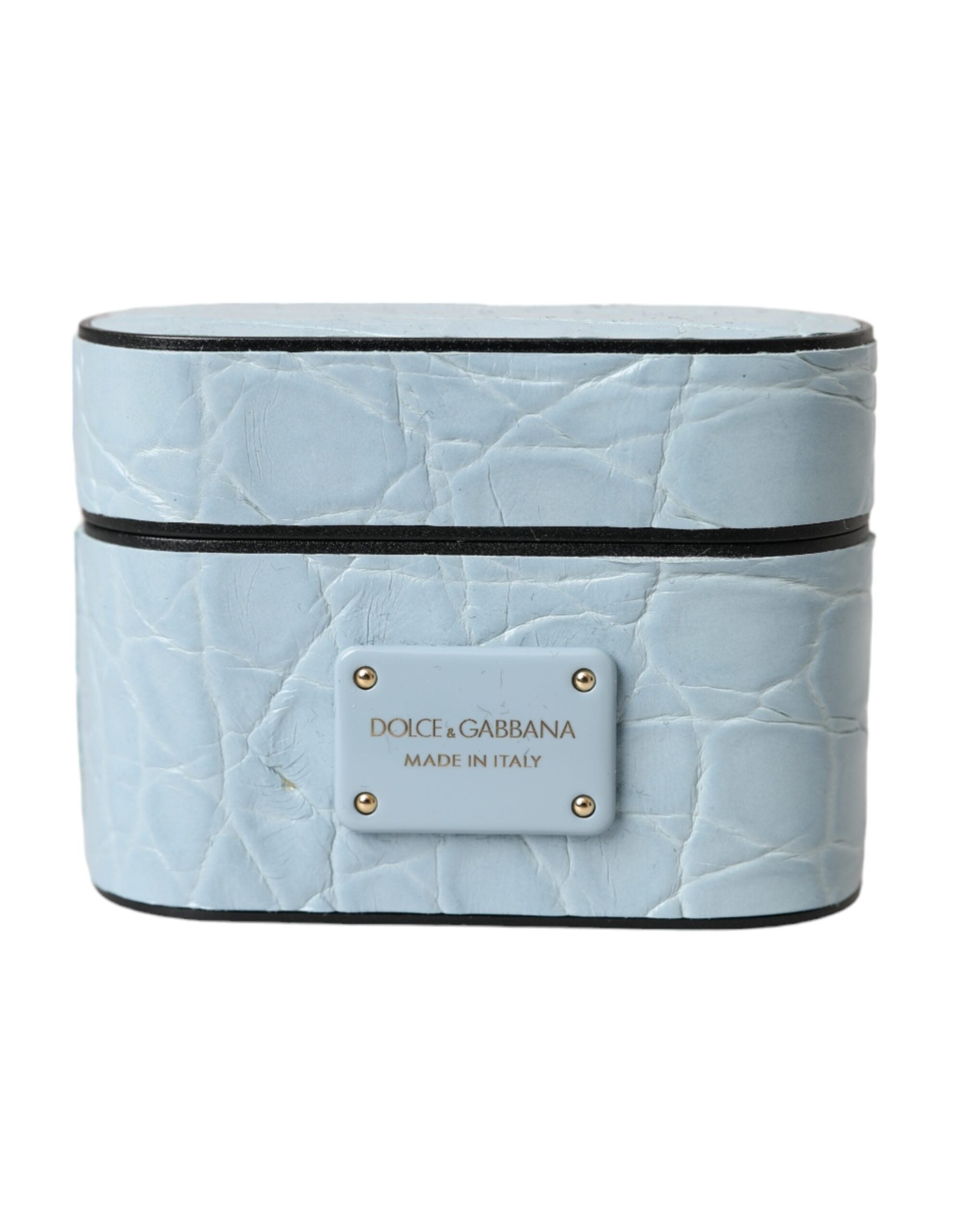 Custodia per Airpods Dolce & Gabbana Light Blue in Pelle con Placca Logo in Metallo